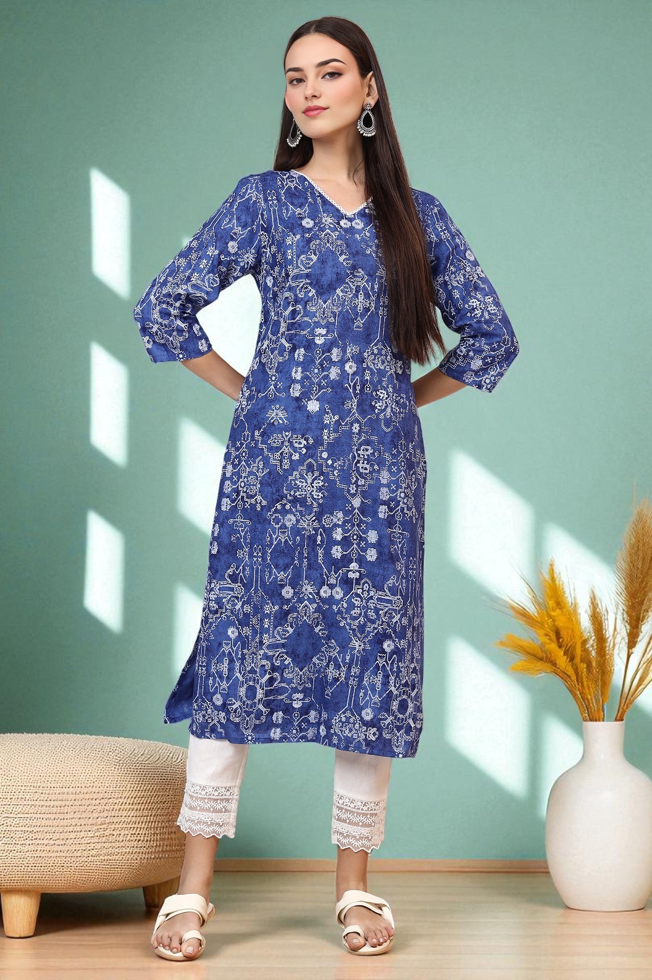 Navy Blue Printed Rayon Straight Kurta with Lace