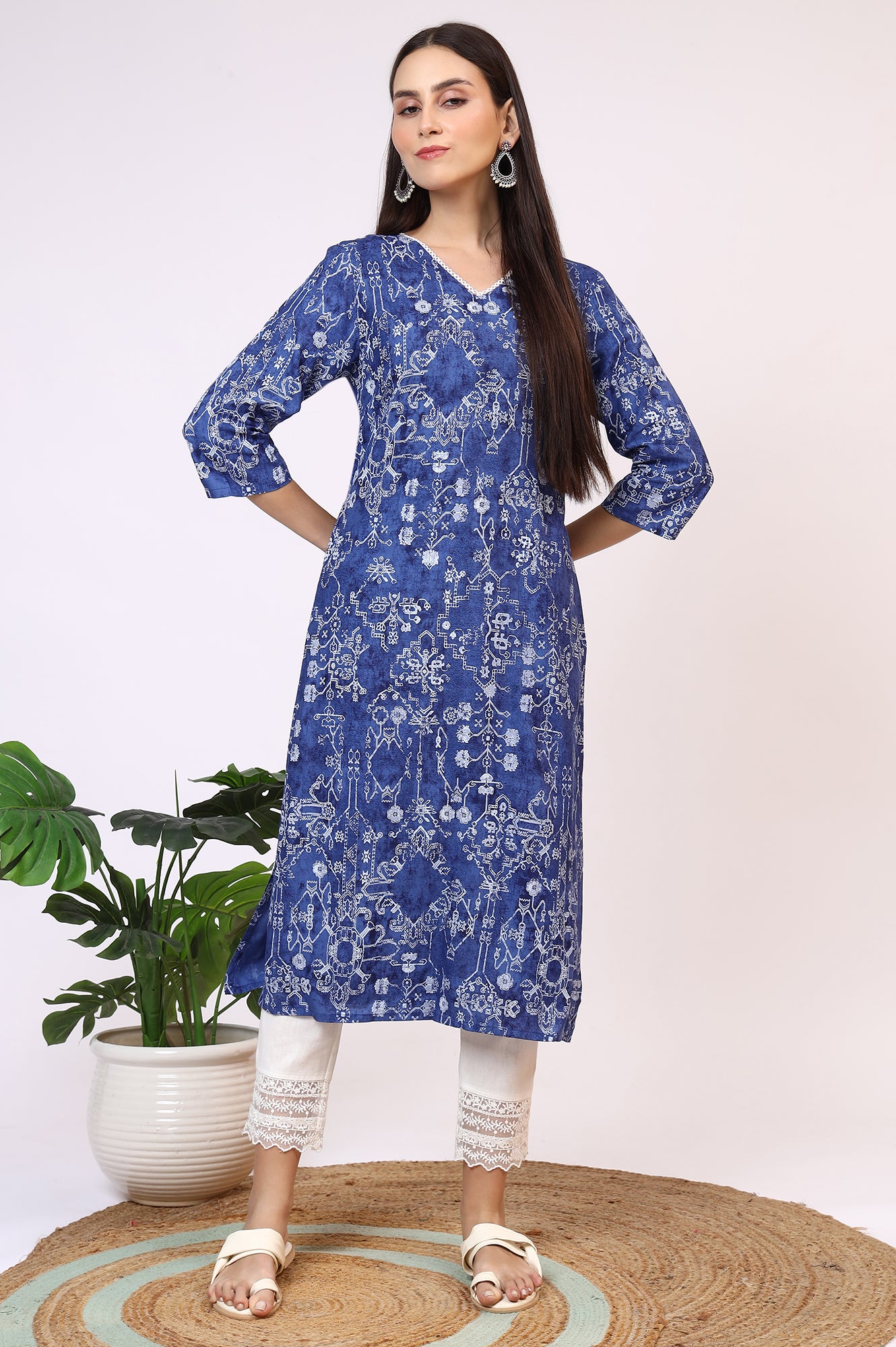 Navy Blue Printed Rayon Straight Kurta with Lace