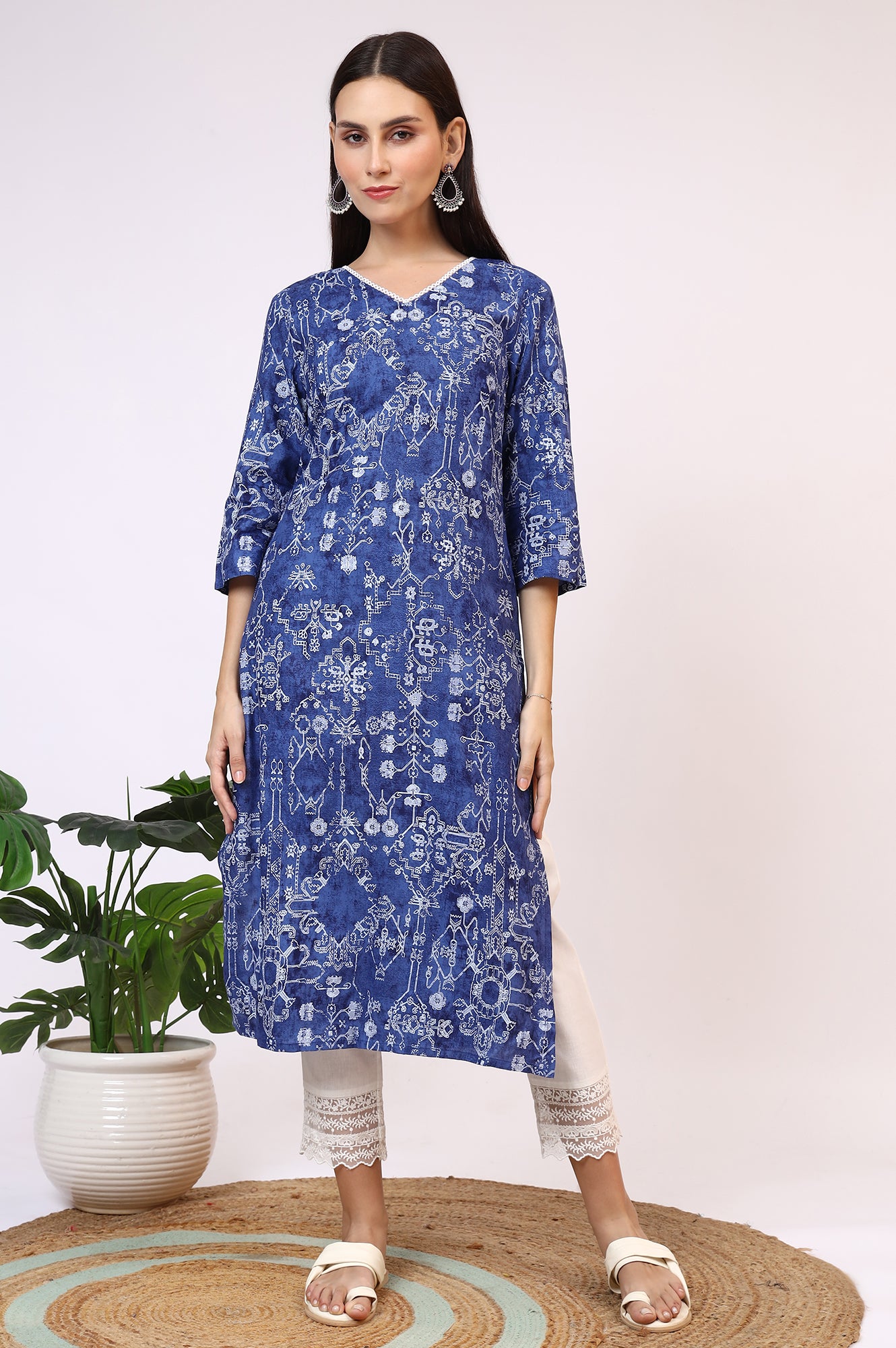 Navy Blue Printed Rayon Straight Kurta with Lace