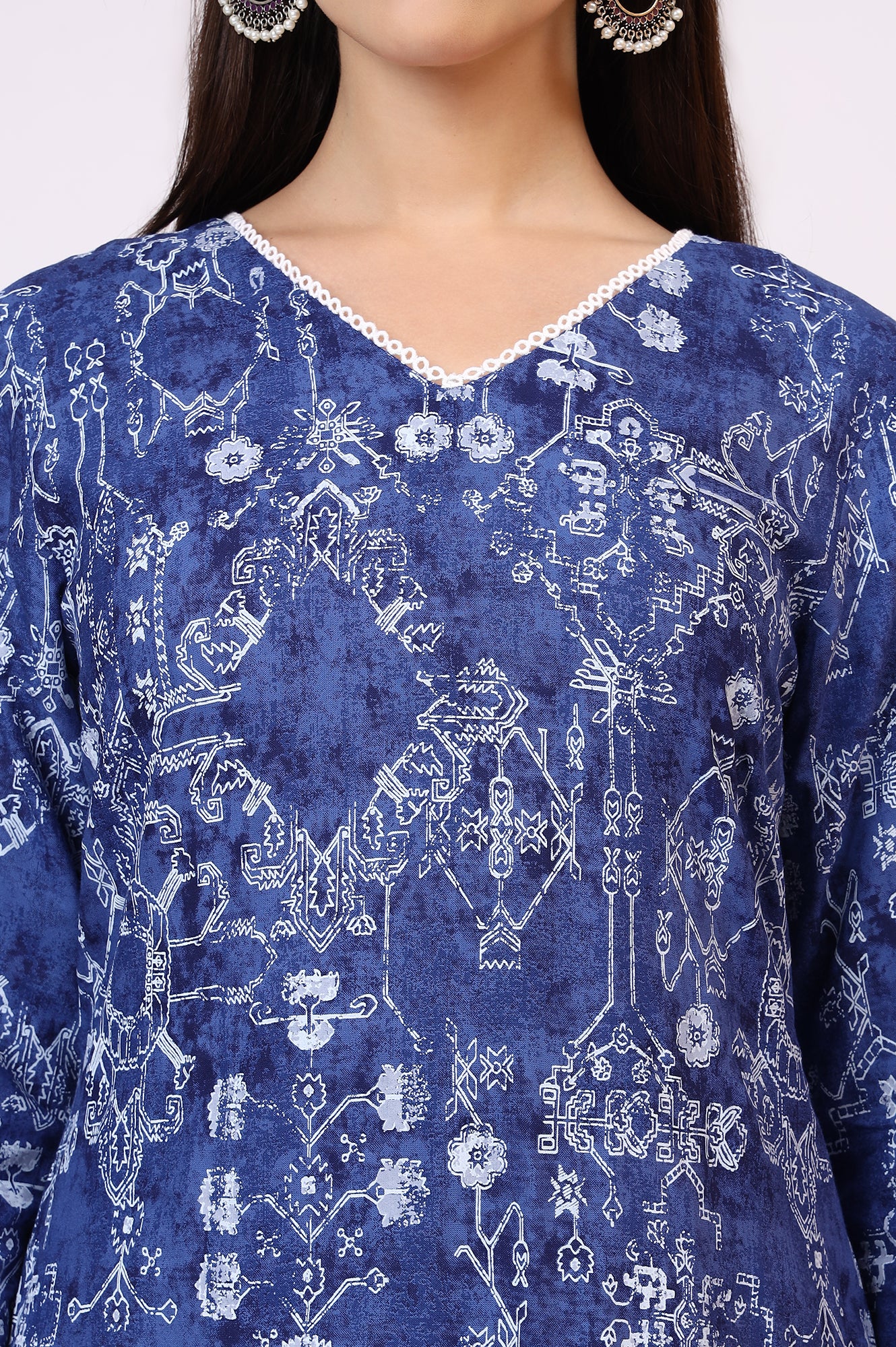 Navy Blue Printed Rayon Straight Kurta with Lace