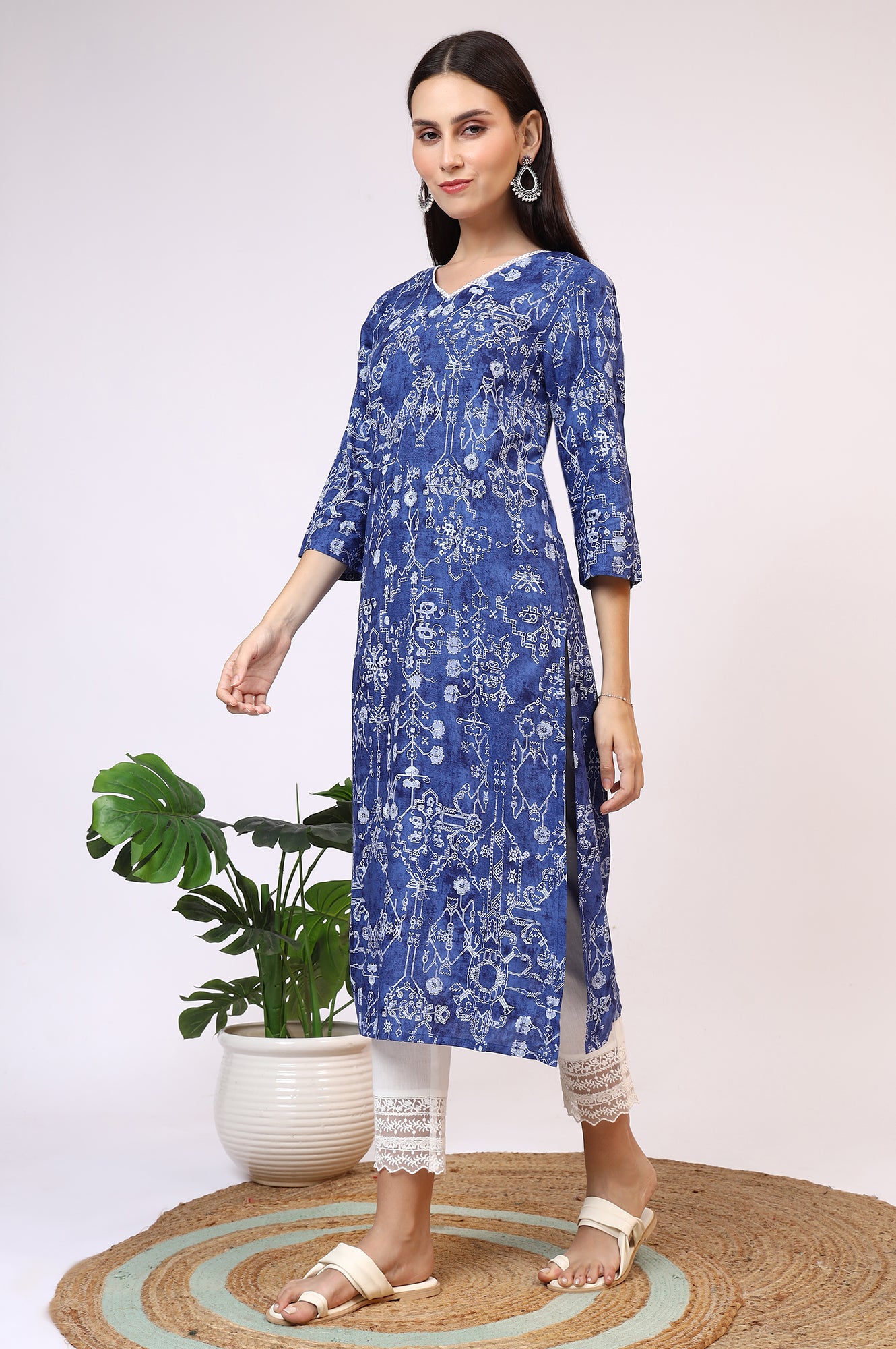 Navy Blue Printed Rayon Straight Kurta with Lace