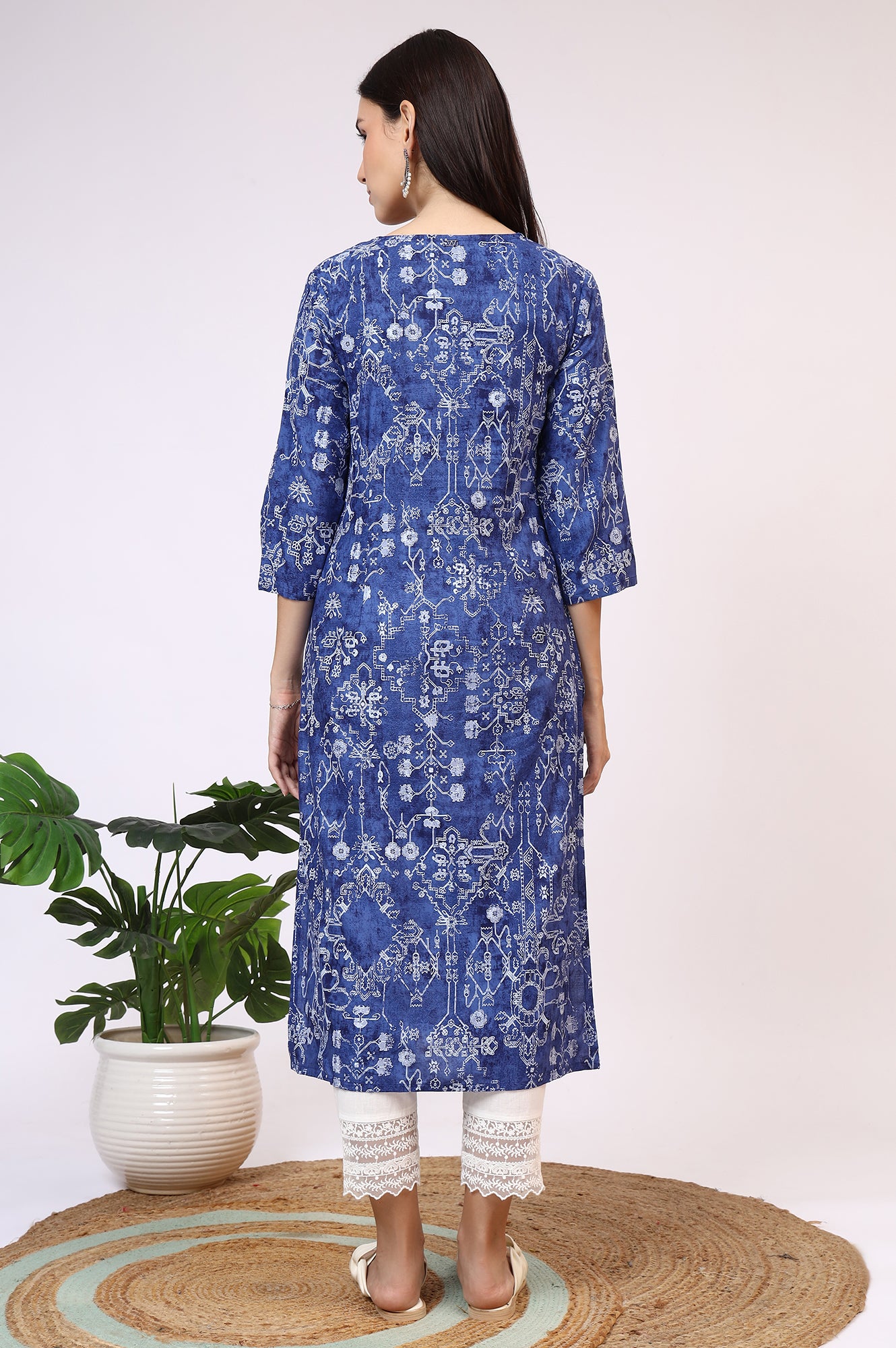 Navy Blue Printed Rayon Straight Kurta with Lace
