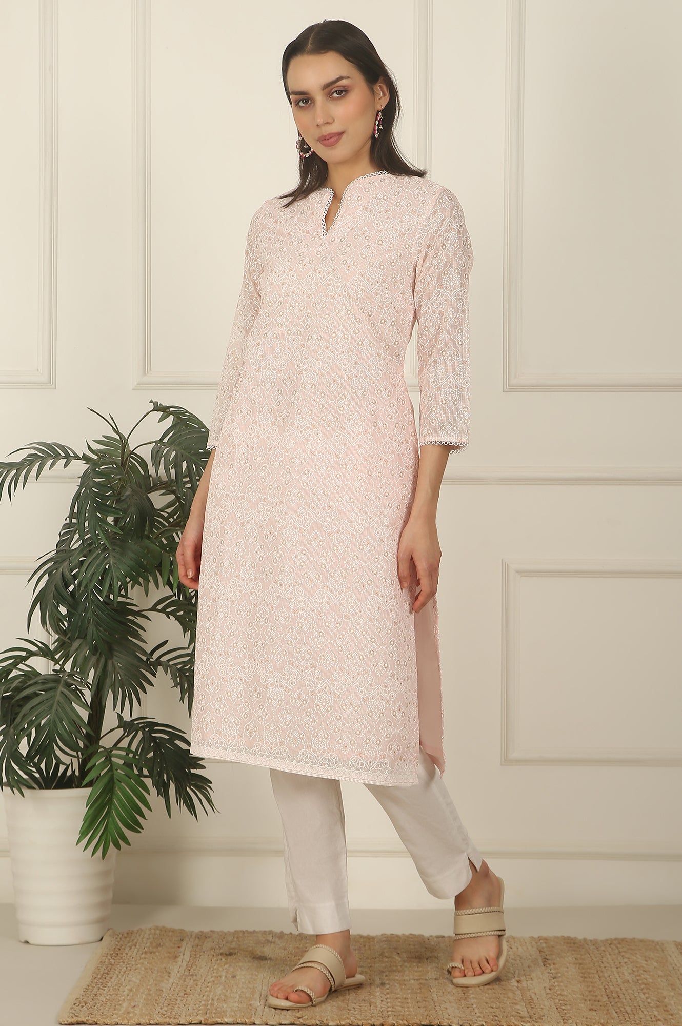 Pastel Pink Khadi Printed Kota Straight Kurta