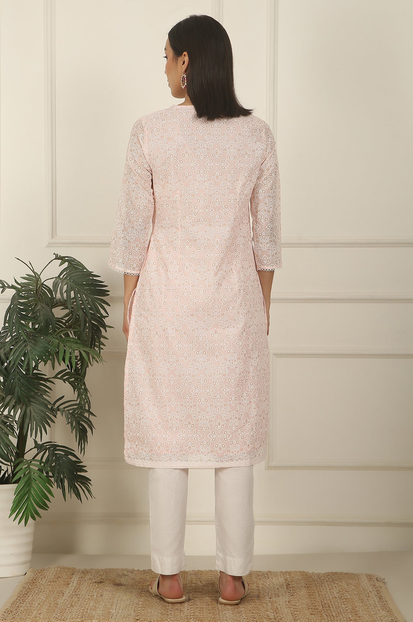 Pastel Pink Khadi Printed Kota Straight Kurta