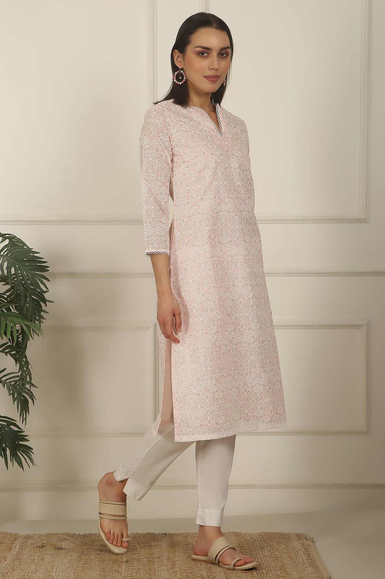 Pastel Pink Khadi Printed Kota Straight Kurta