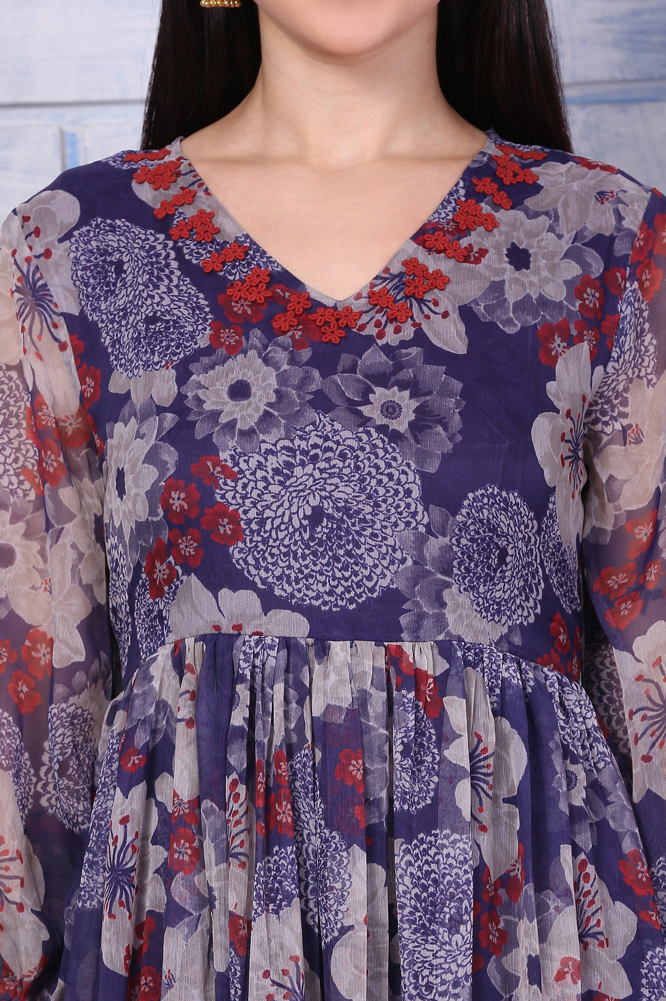 Purple Floral Printed Chiffon Gathered Dress