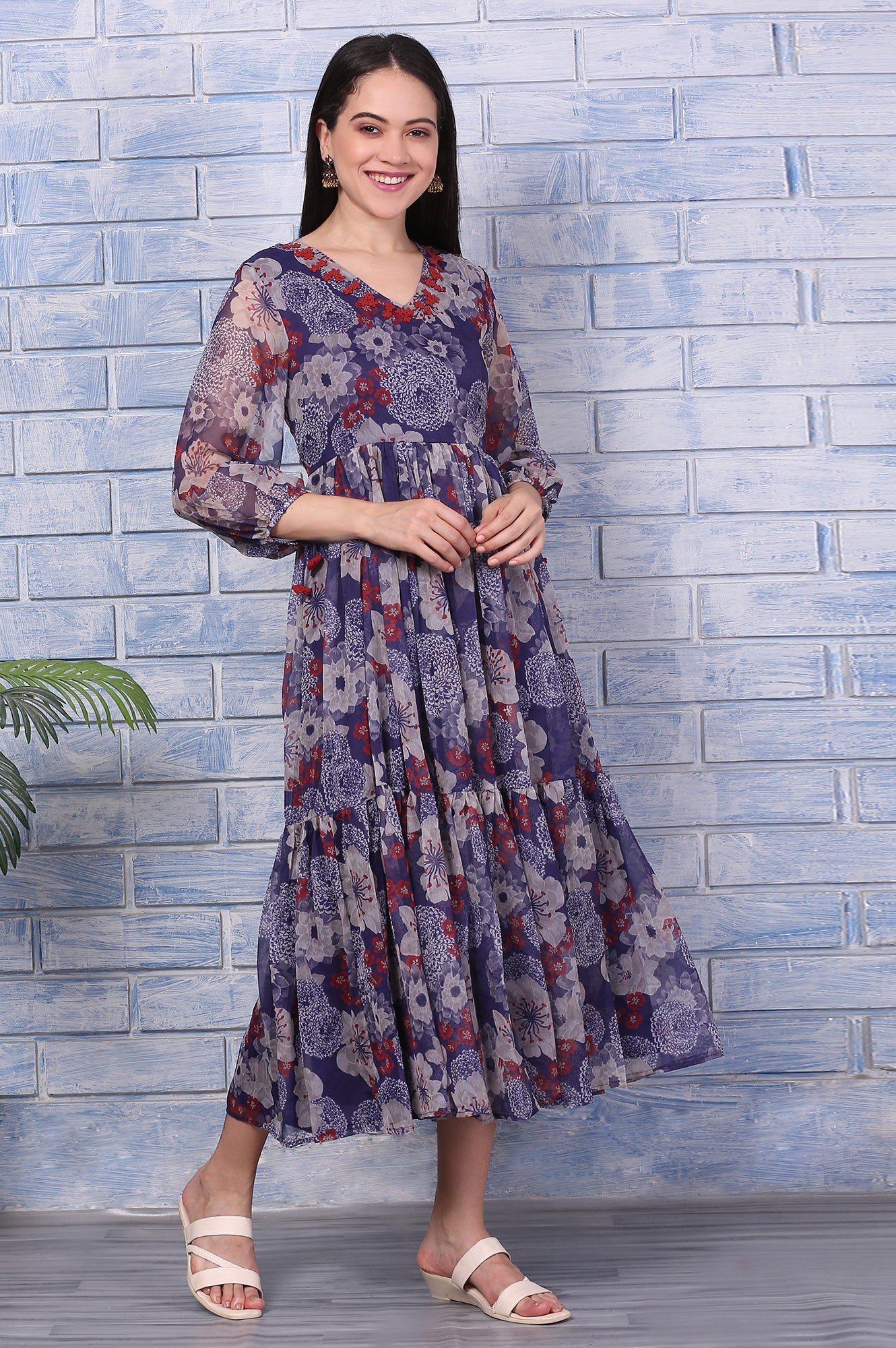 Purple Floral Printed Chiffon Gathered Dress