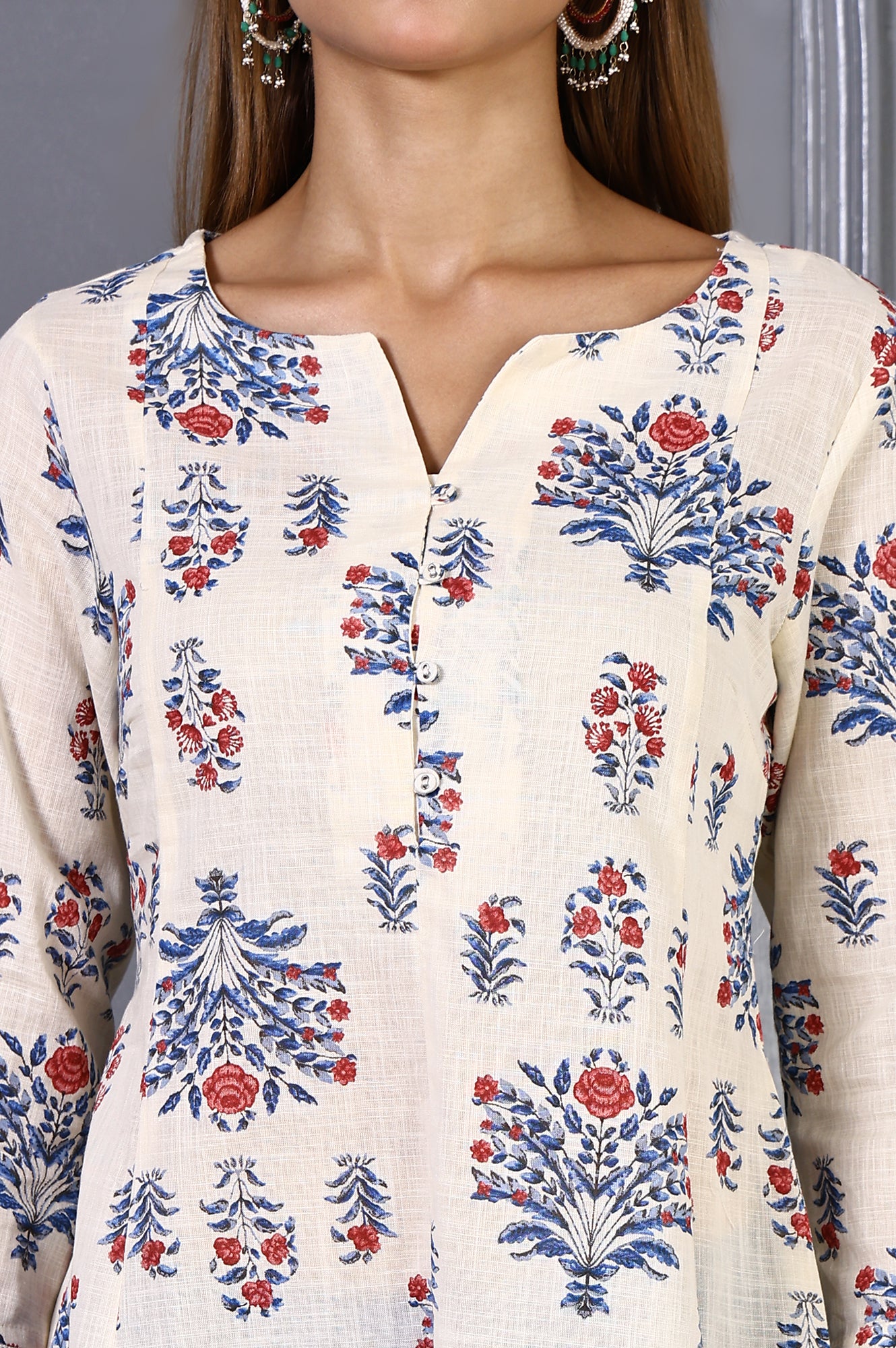White Floral Printed Lace Pure Cotton Flared Kurta