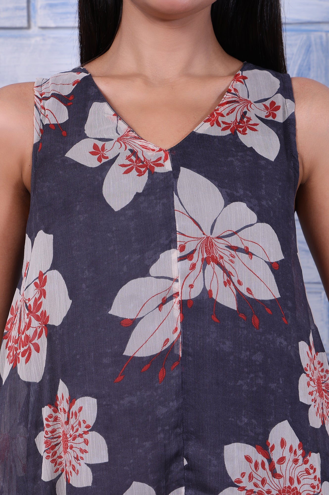 Grey Floral Printed Silver Chiffon Flared Dress