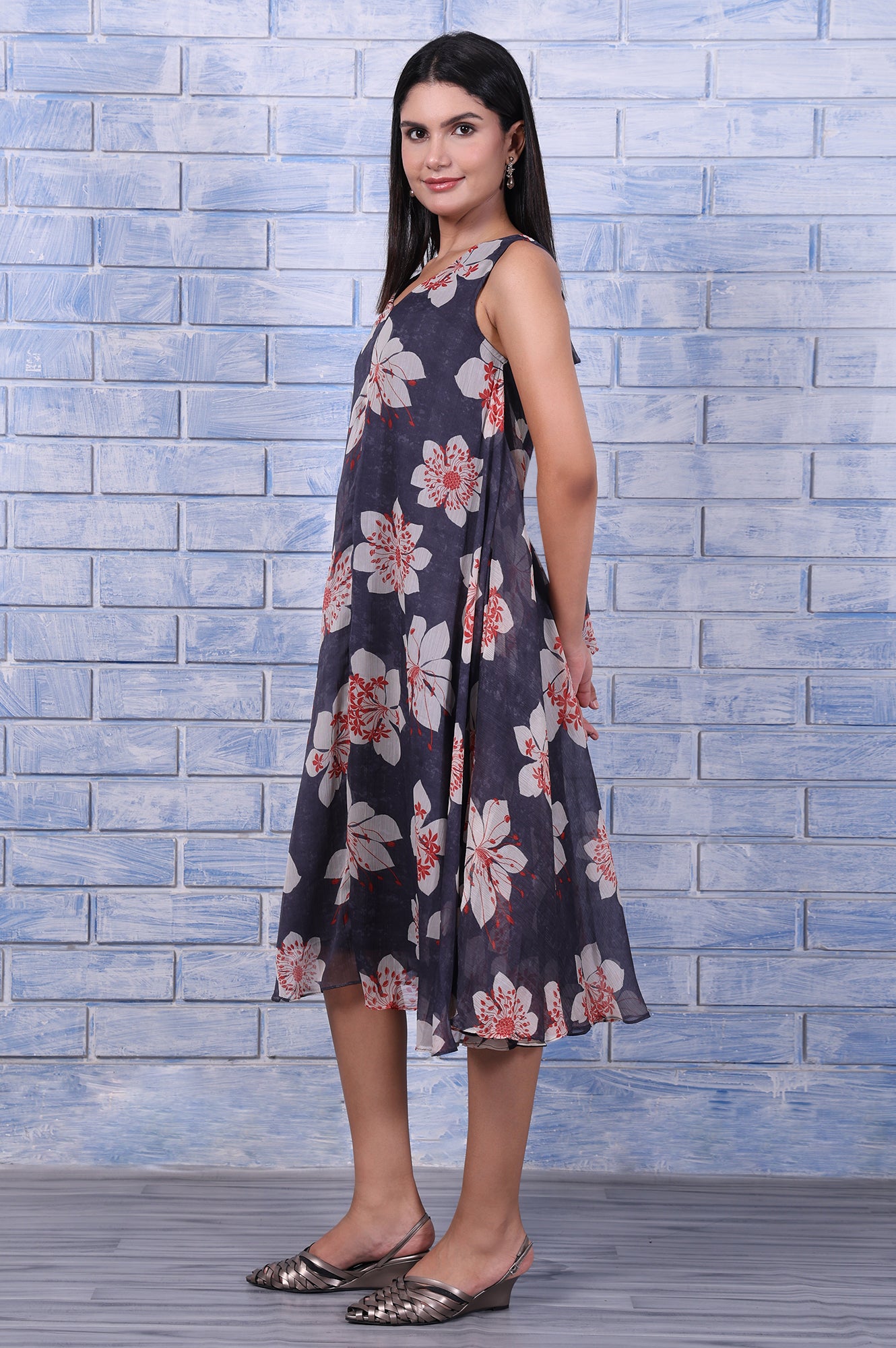 Grey Floral Printed Silver Chiffon Flared Dress