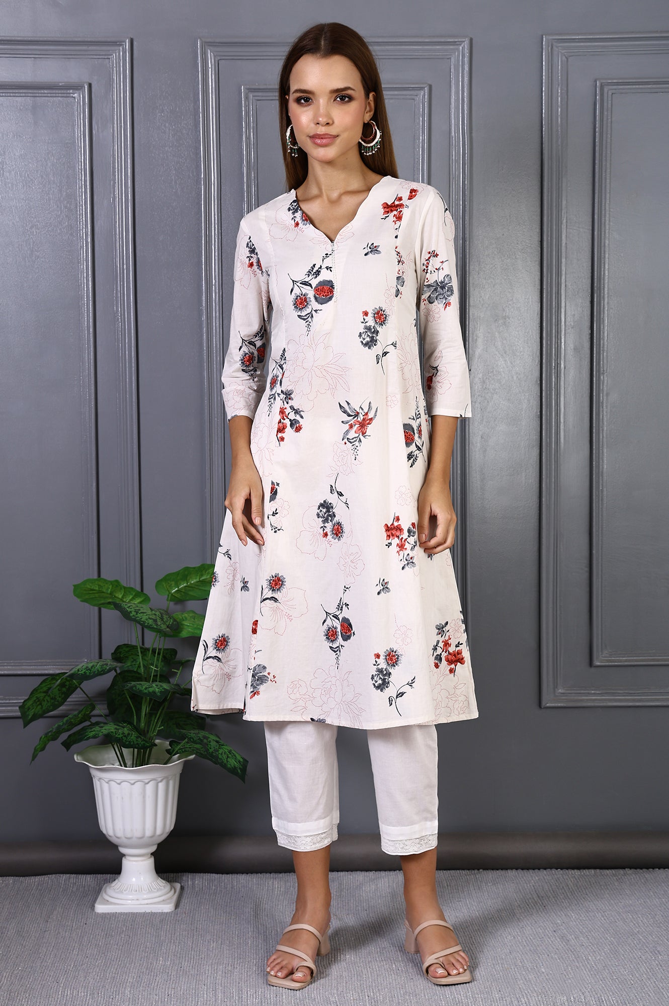 Off White Floral Printed Pure Cotton Flared Kurta