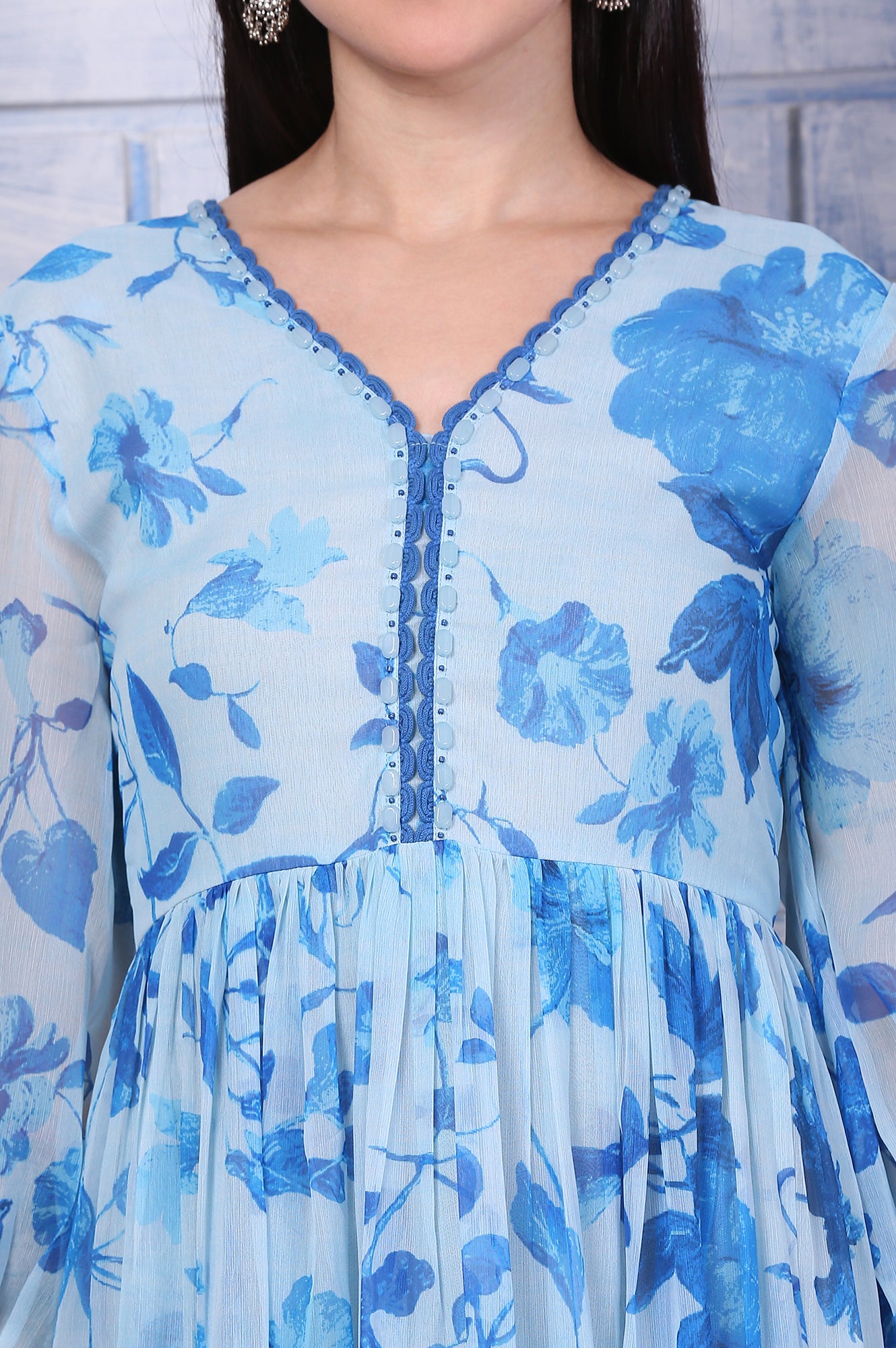 Blue Floral Printed Beaded Dress with Lace