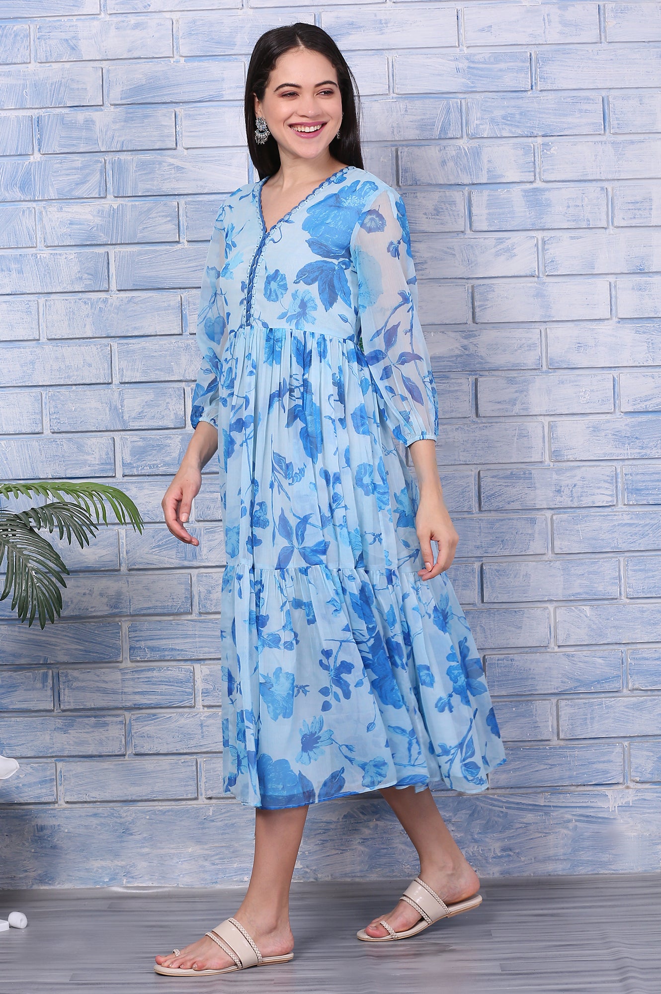 Blue Floral Printed Beaded Dress with Lace