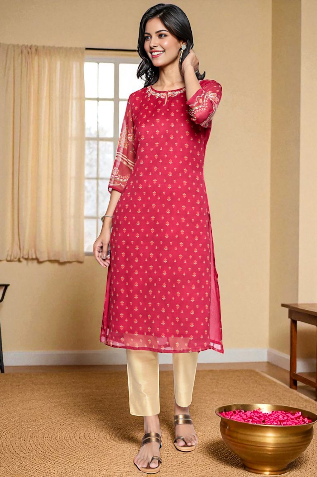 Dark Pink Printed Silver Chiffon Straight Kurta