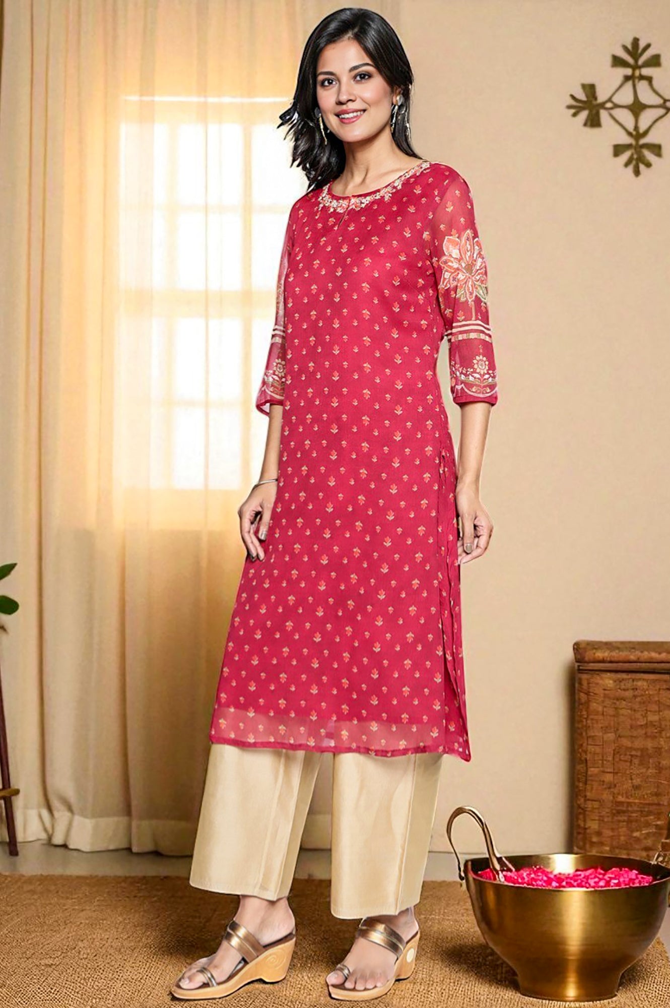 Dark Pink Printed Silver Chiffon Straight Kurta