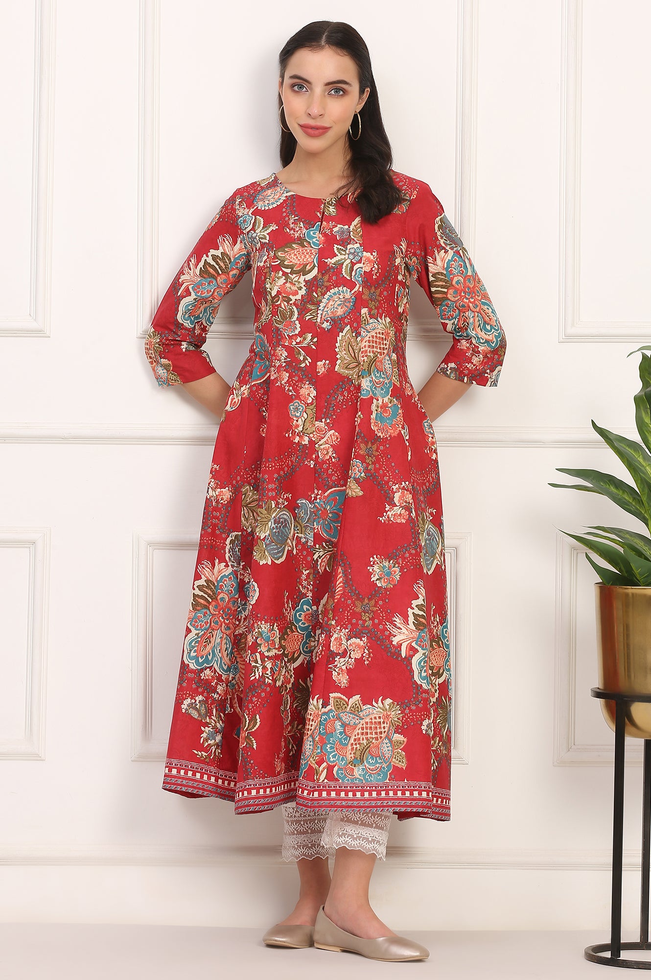 Red Floral Printed Flared Pure Cotton Kurta