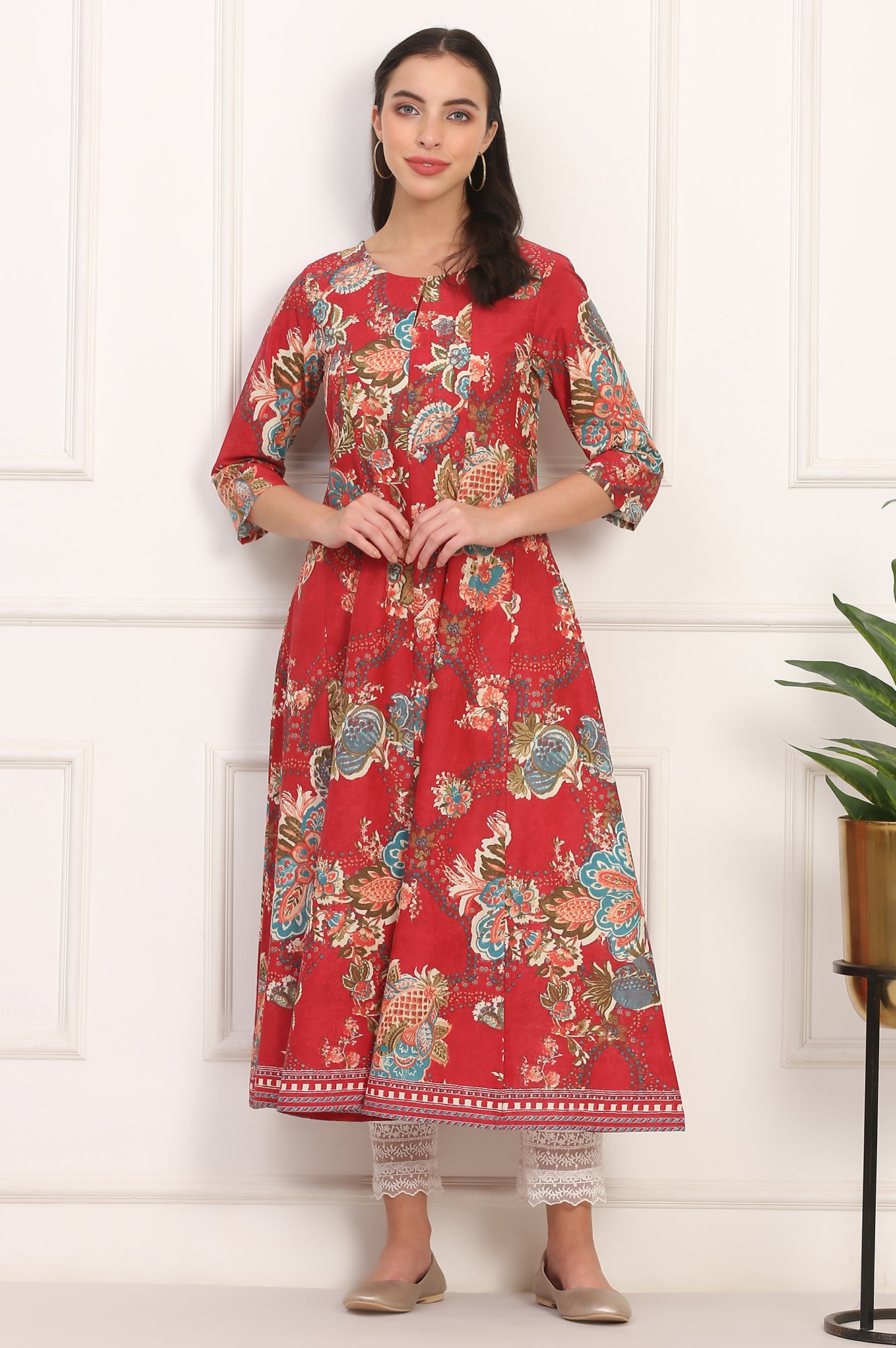 Red Floral Printed Flared Pure Cotton Kurta