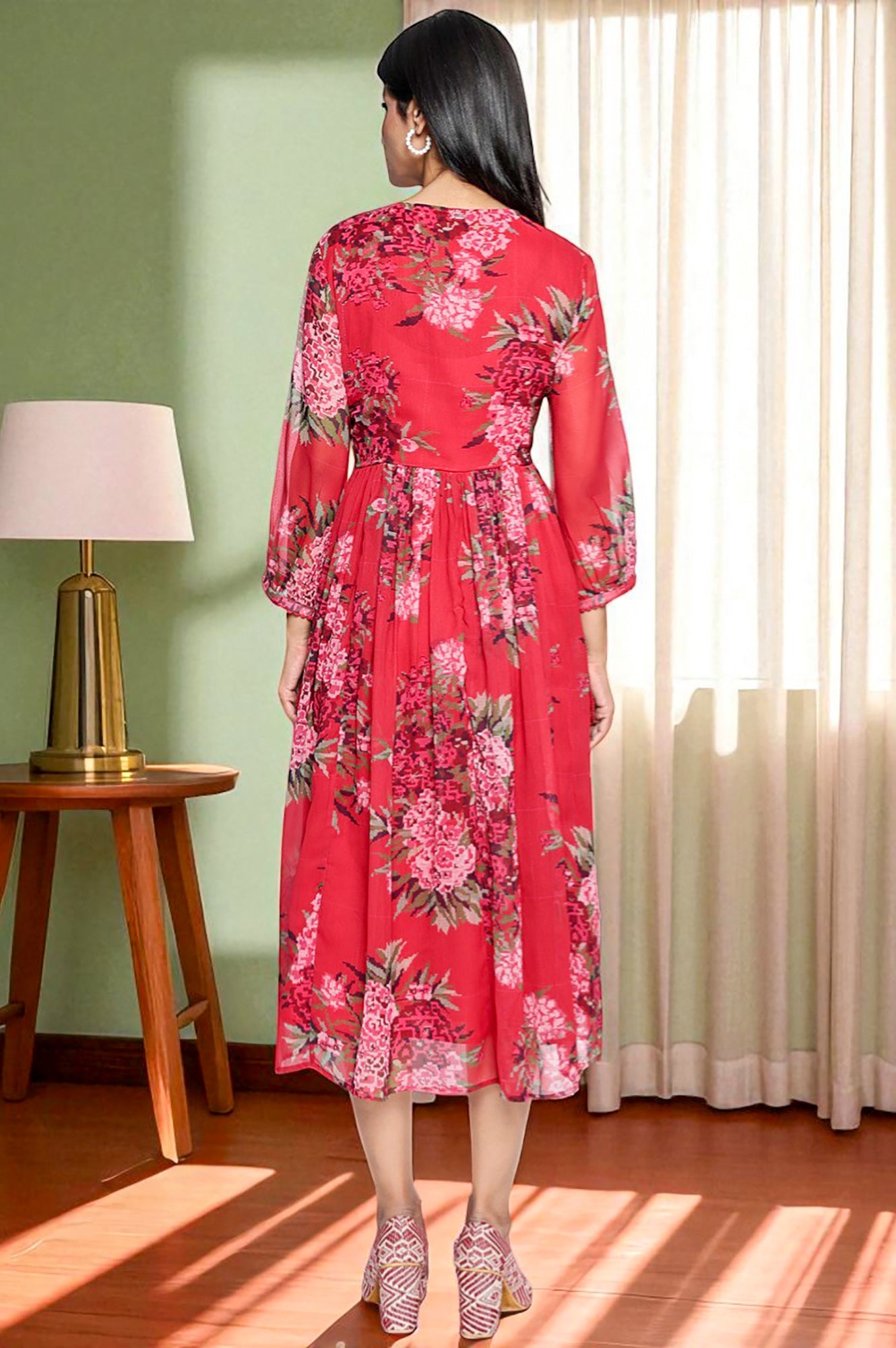 Crimson Red Printed Chiffon Flared Dress