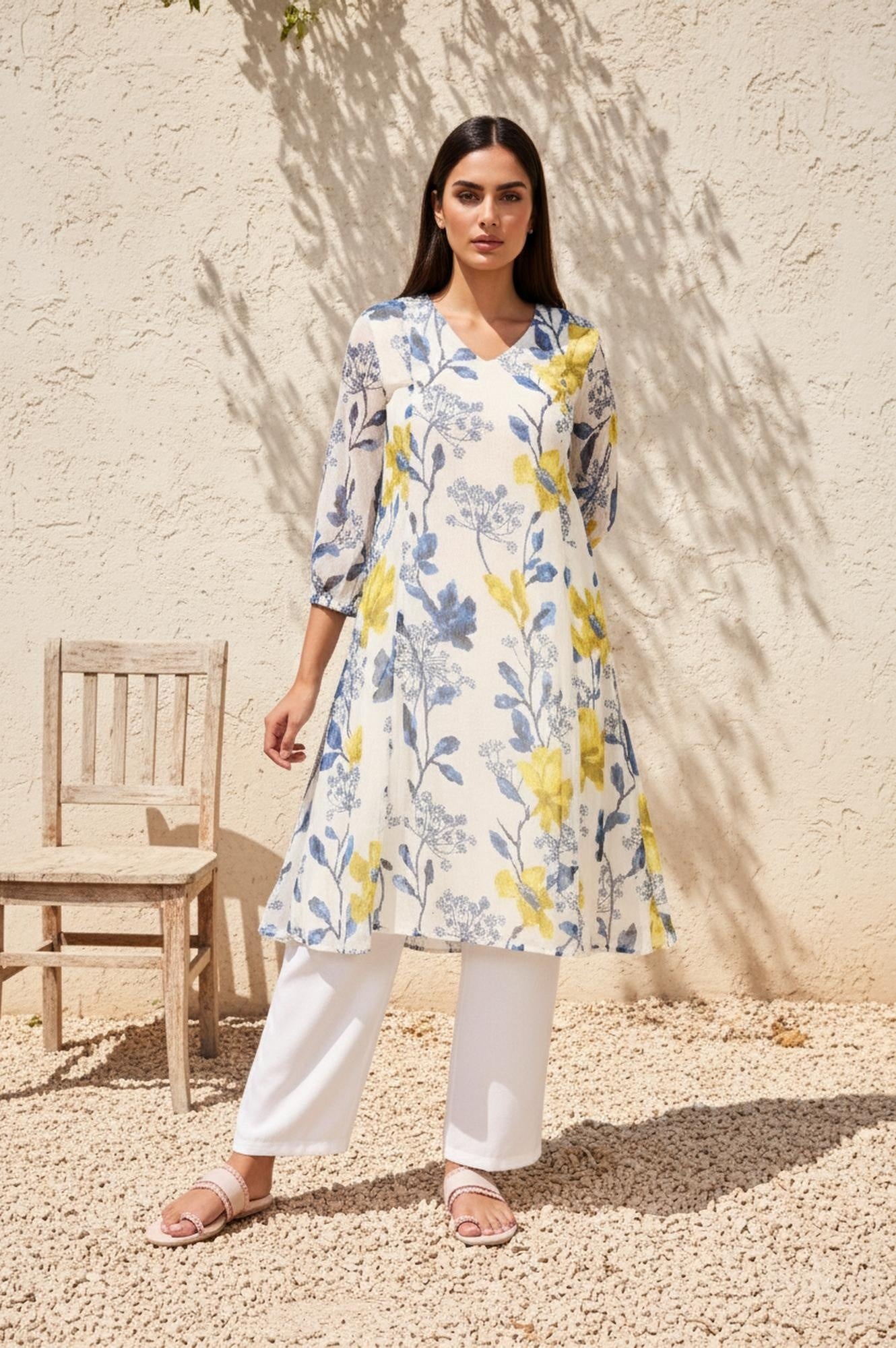 White Floral A-Line Chiffon Kurta