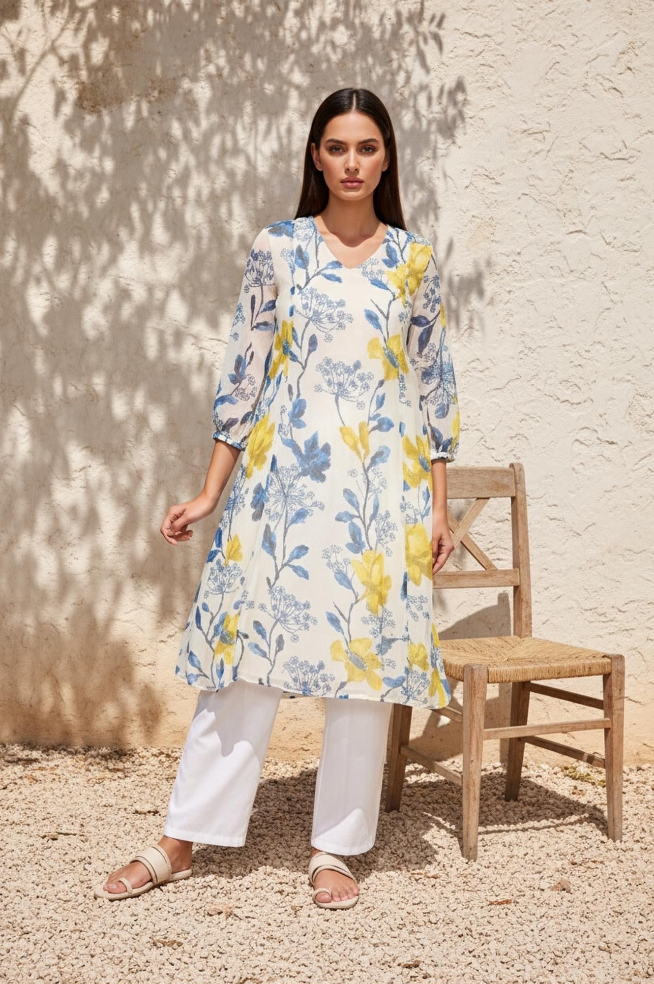 White Floral A-Line Chiffon Kurta