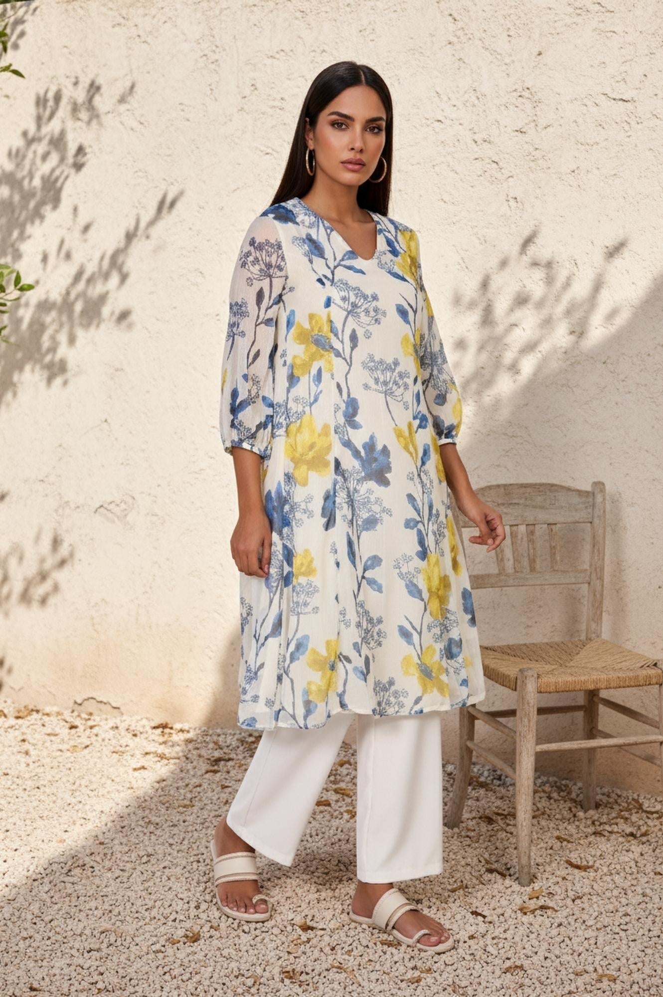 White Floral A-Line Chiffon Kurta