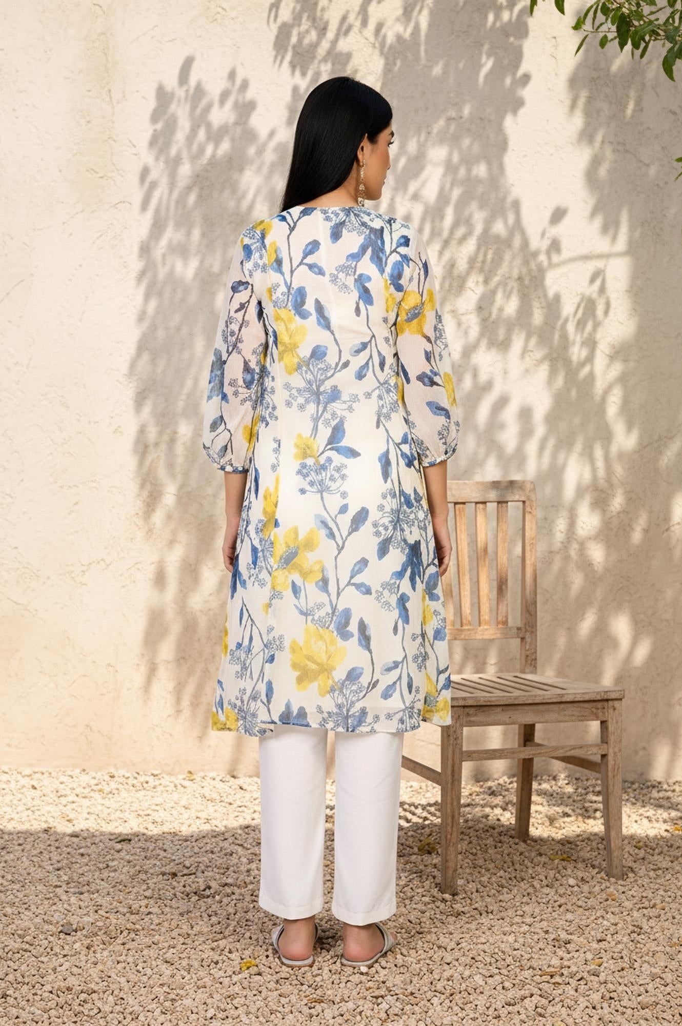 White Floral A-Line Chiffon Kurta