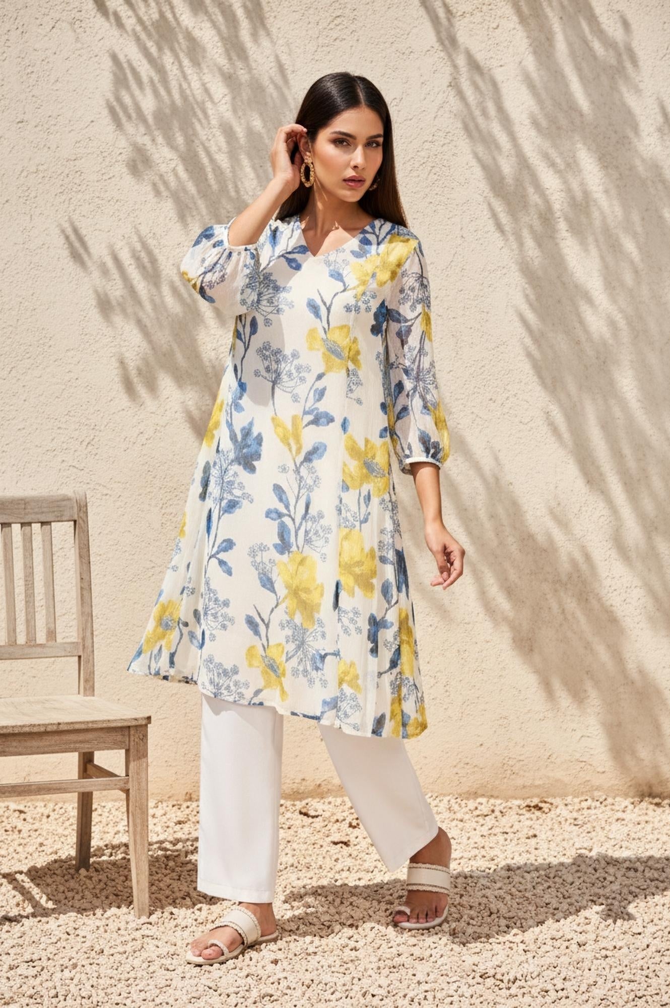 White Floral A-Line Chiffon Kurta