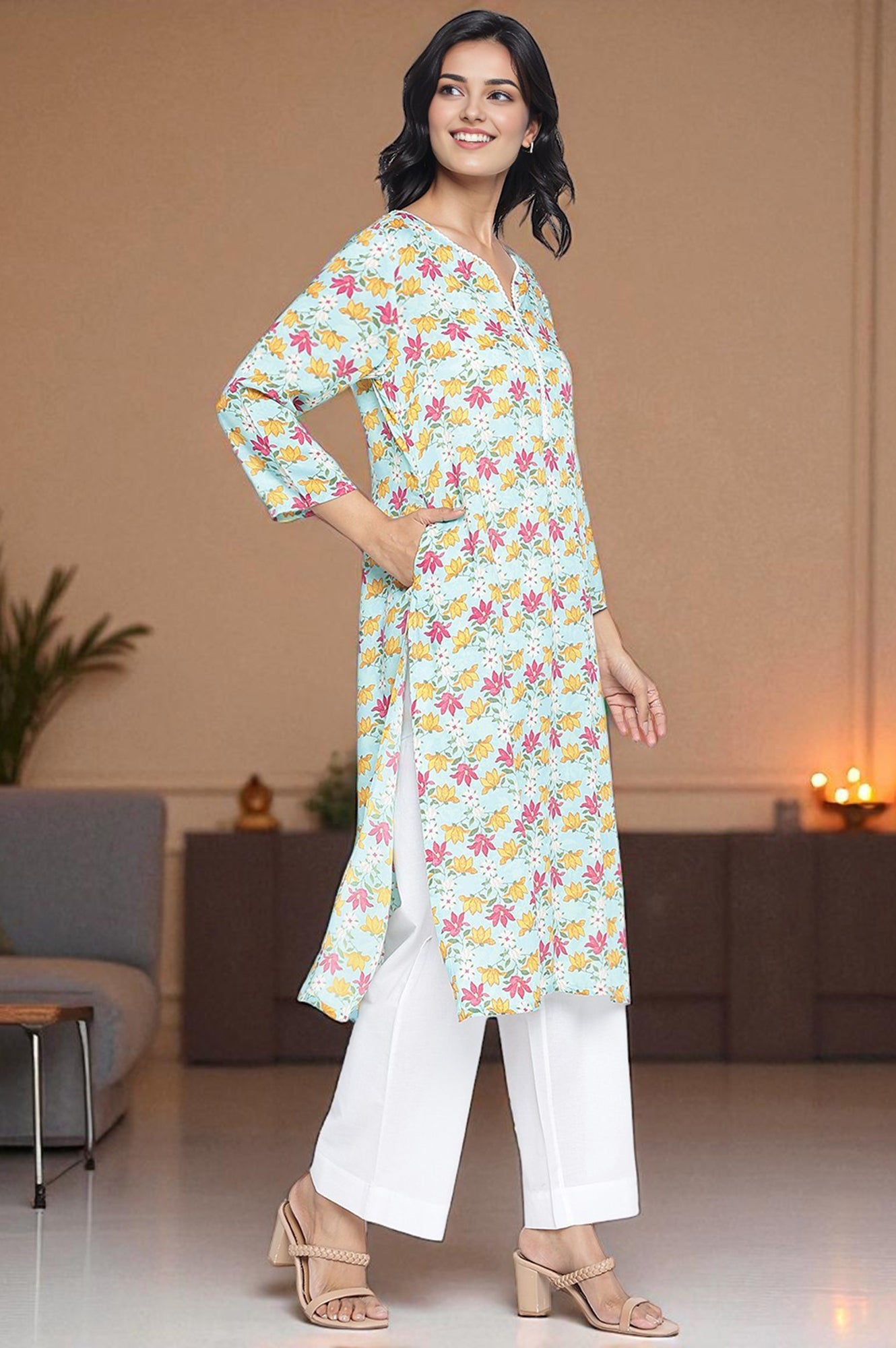 Aqua Green Printed Modal Straight Kurta