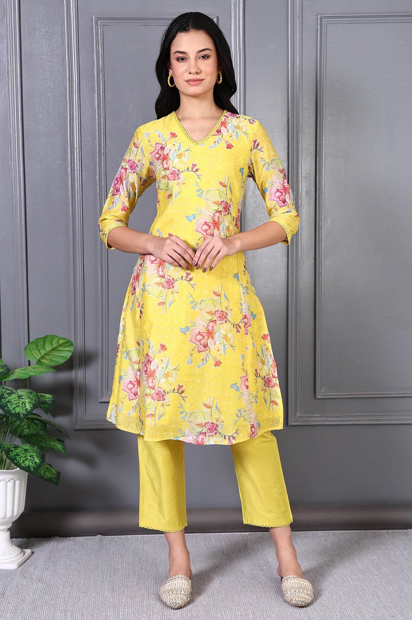 Yellow Floral Printed Lace Chanderi Flared Kurta