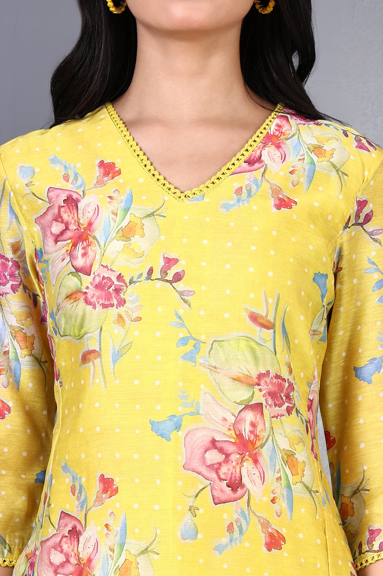 Yellow Floral Printed Lace Chanderi Flared Kurta