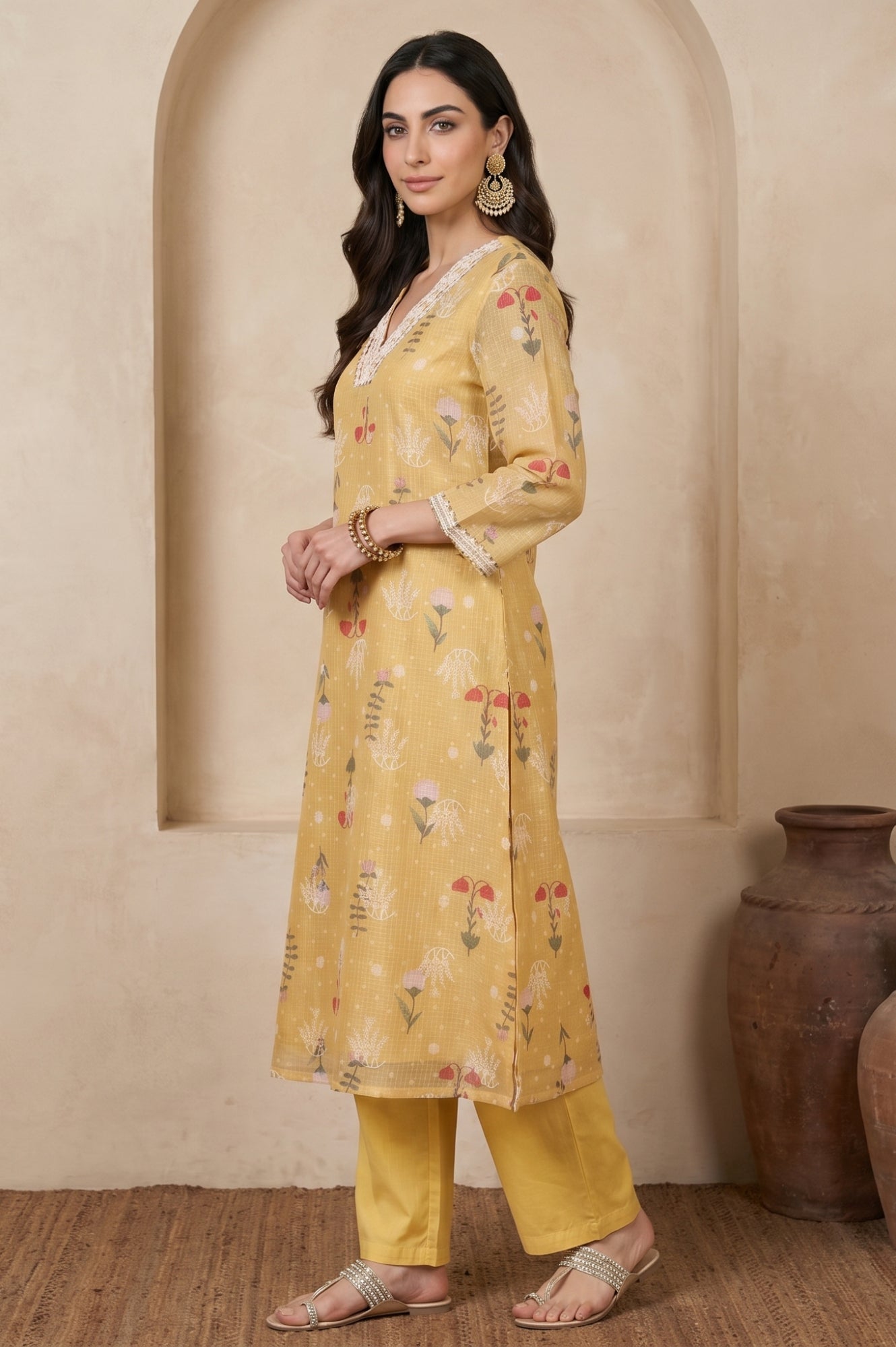 Mustard Floral Printed Cotton Straight Kurta