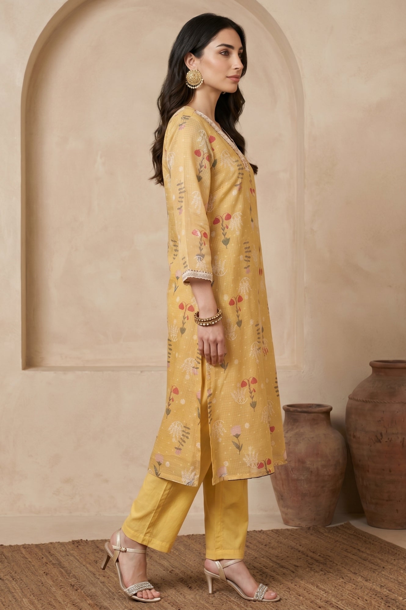 Mustard Floral Printed Cotton Straight Kurta