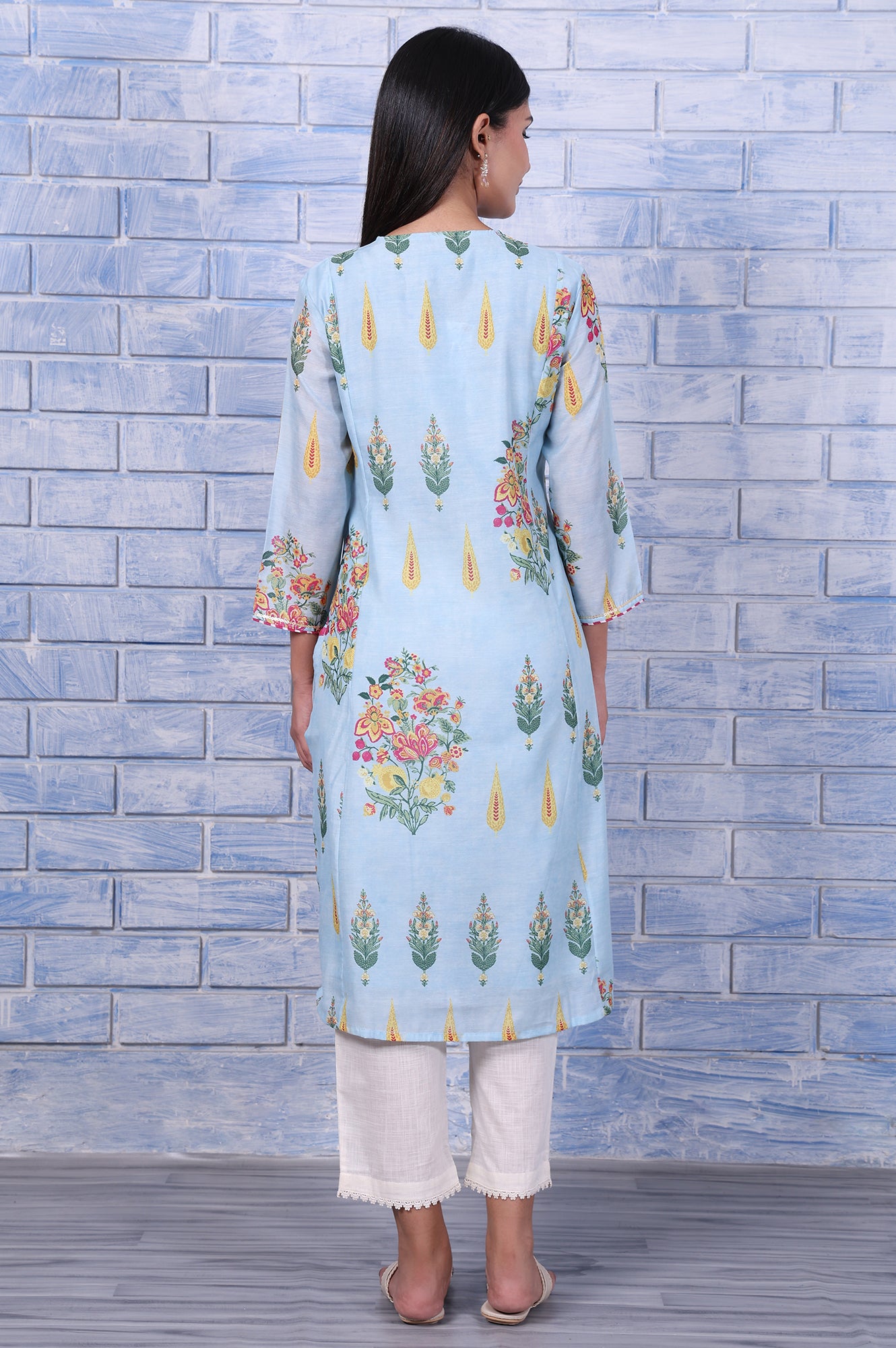 Blue Floral Printed Chanderi A-Line Kurta
