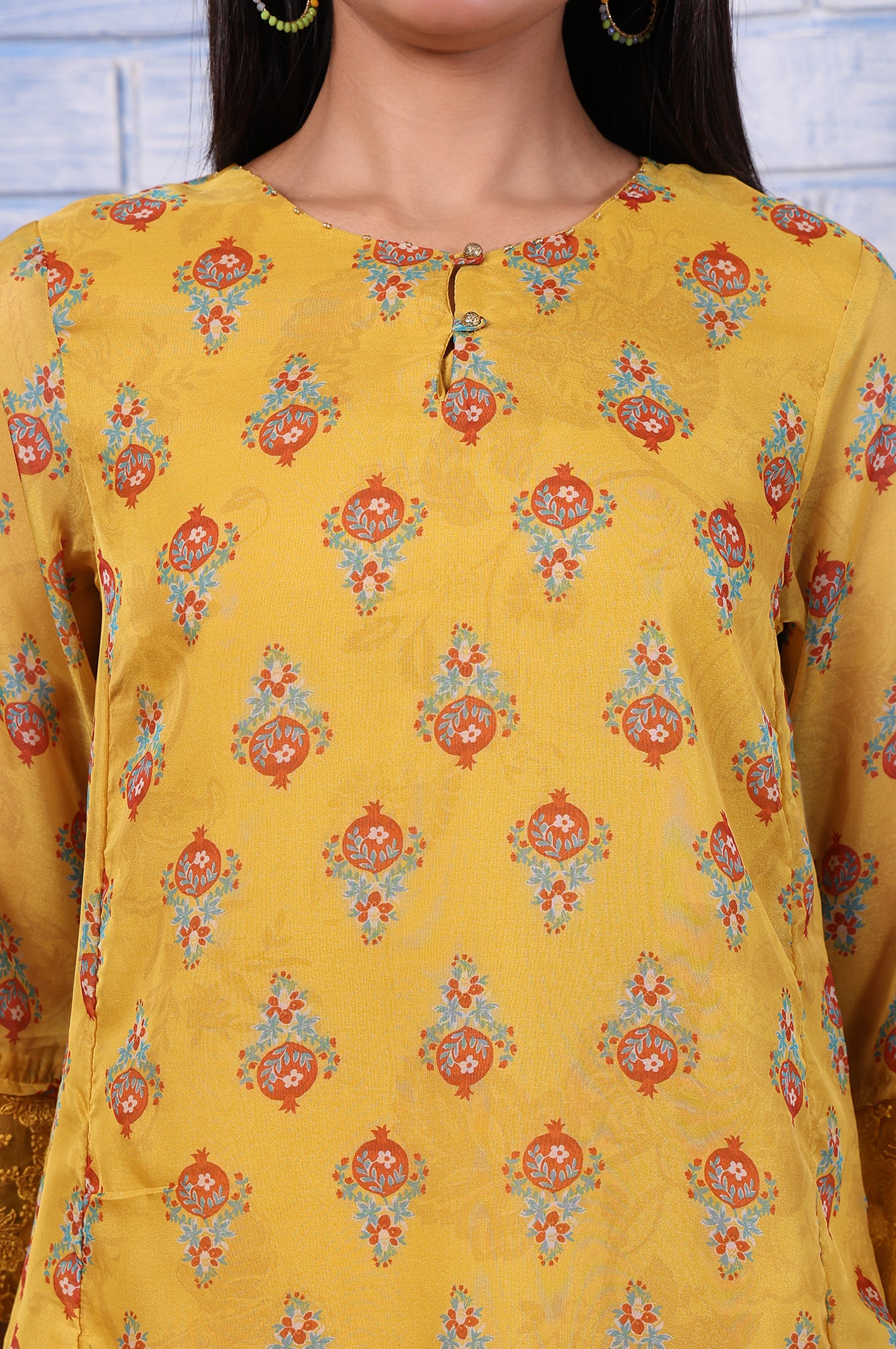 Yellow Floral Printed Organza Straight Kurta