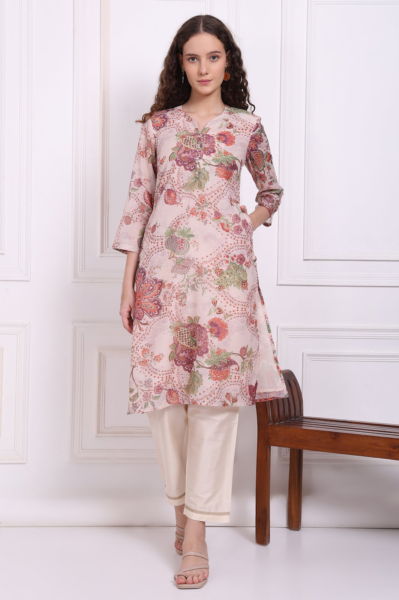 Beige Floral Printed Chanderi Straight Kurta