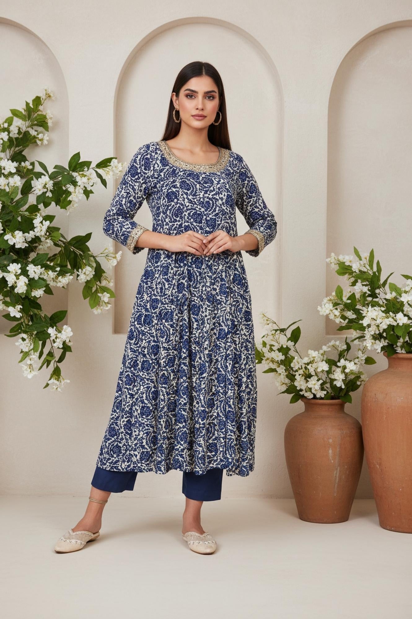W for Woman Blue Floral Thread Work Flared Rayon Kurta