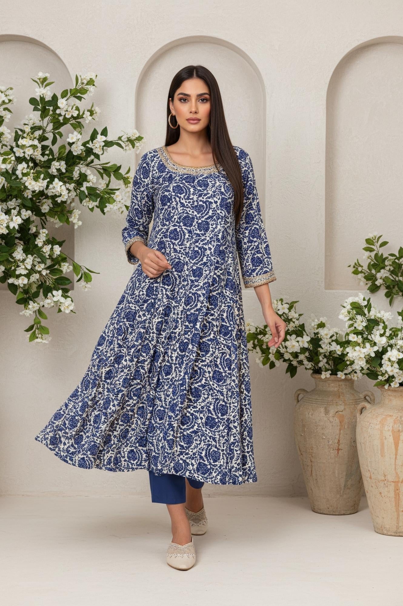 W for Woman Blue Floral Thread Work Flared Rayon Kurta