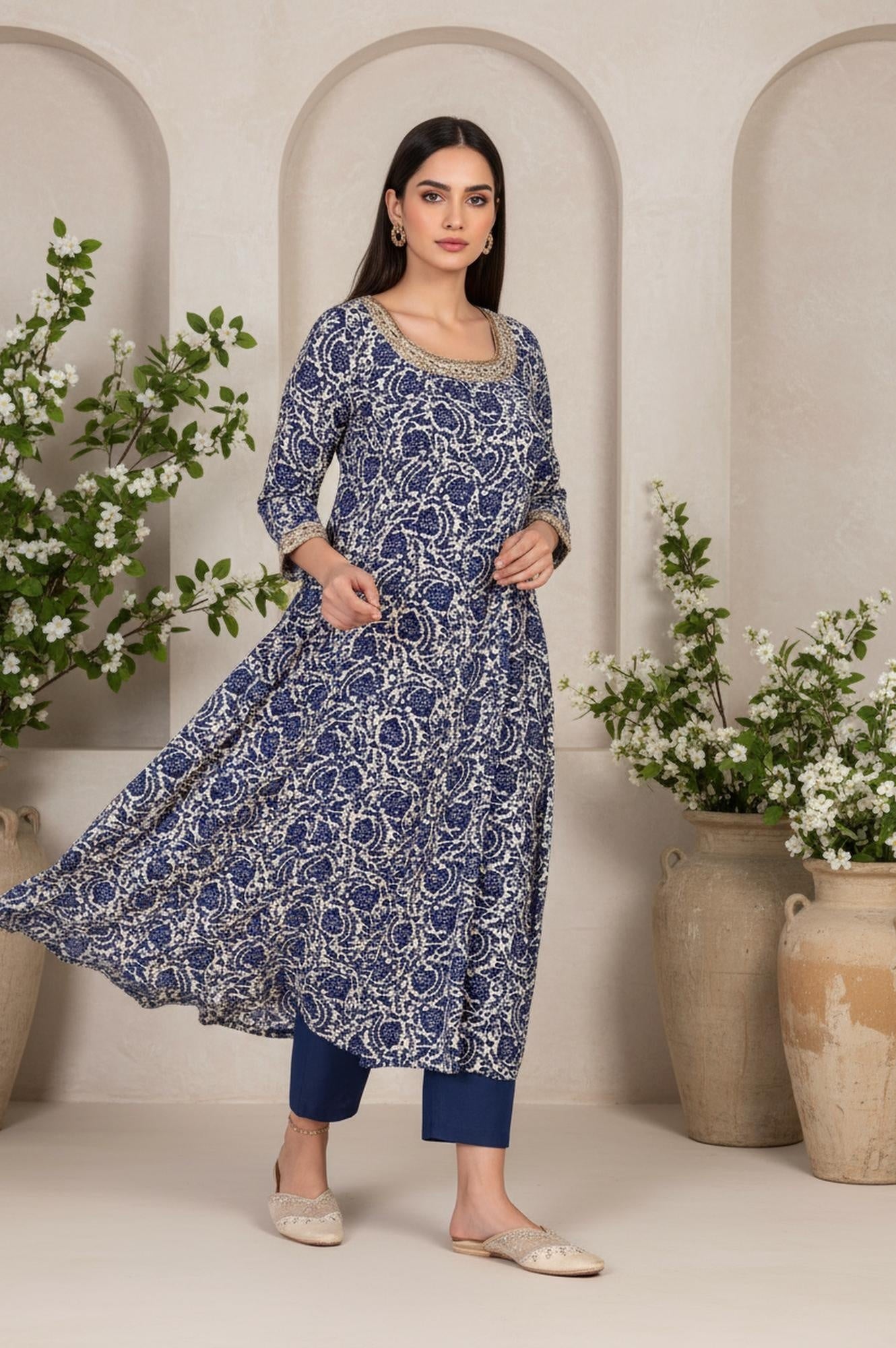 W for Woman Blue Floral Thread Work Flared Rayon Kurta