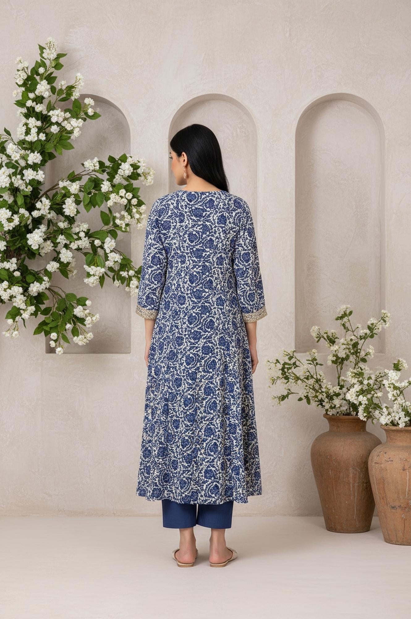 W for Woman Blue Floral Thread Work Flared Rayon Kurta