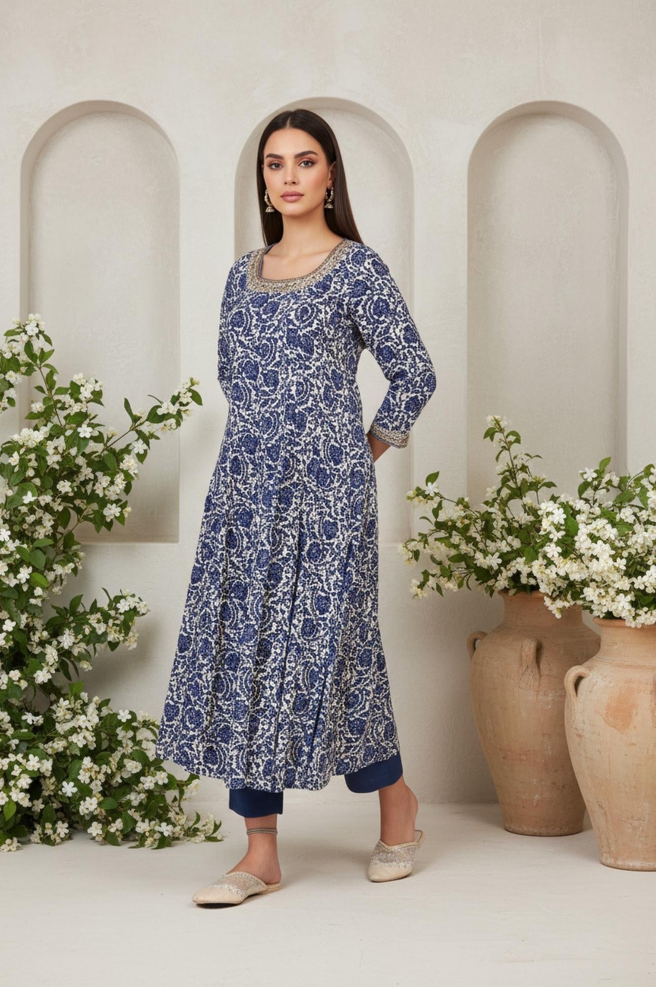W for Woman Blue Floral Thread Work Flared Rayon Kurta