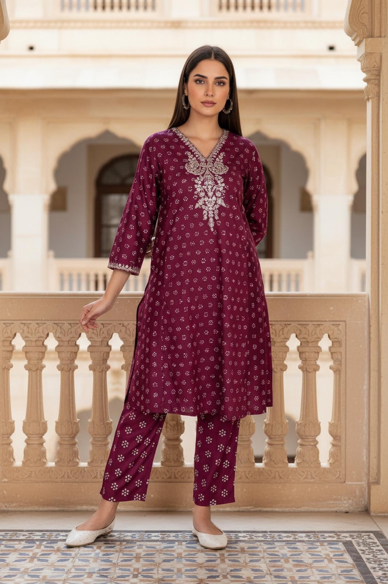 Purple Floral Print Embroidered Straight Silk Kurta