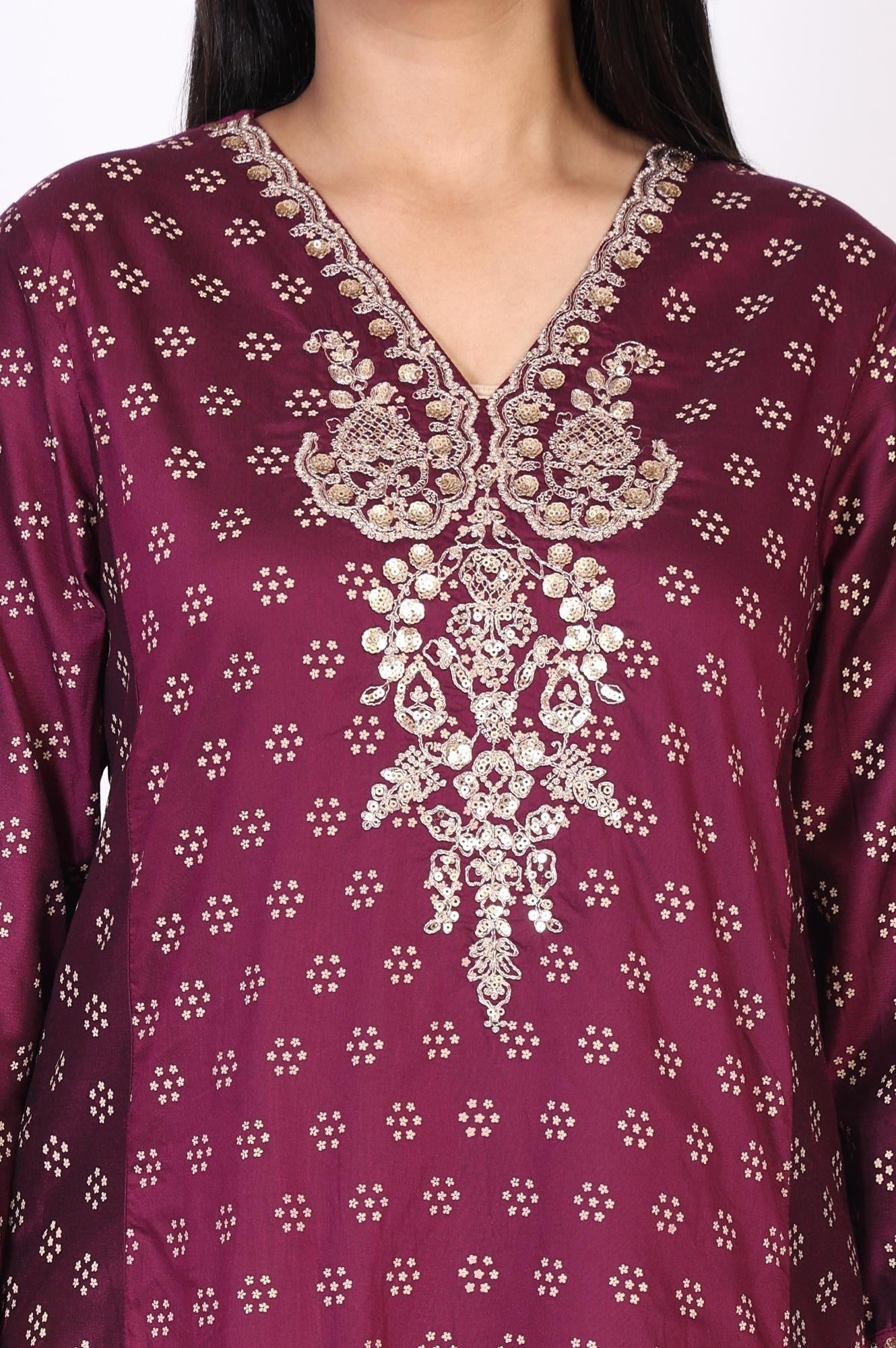 Purple Floral Print Embroidered Straight Silk Kurta