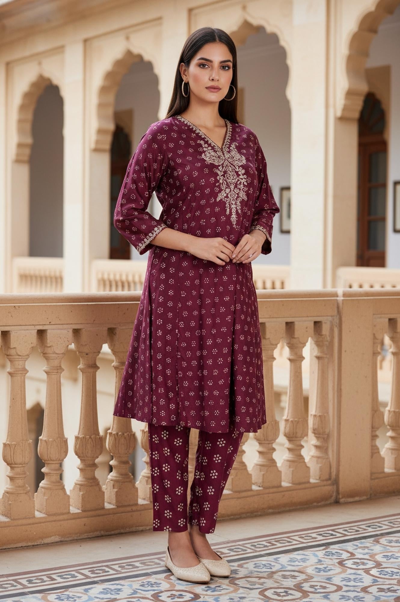 Purple Floral Print Embroidered Straight Silk Kurta