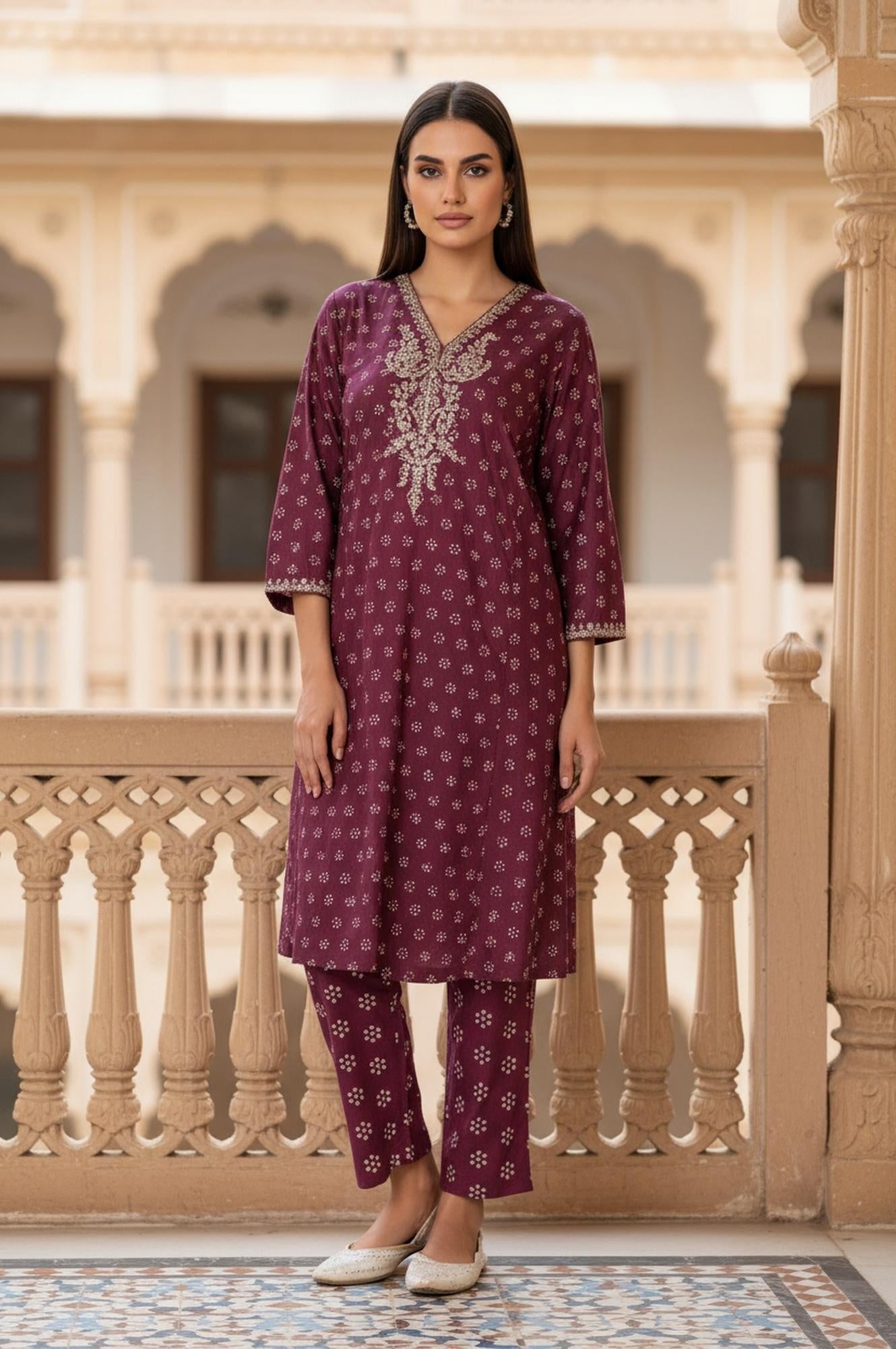 Purple Floral Print Embroidered Straight Silk Kurta