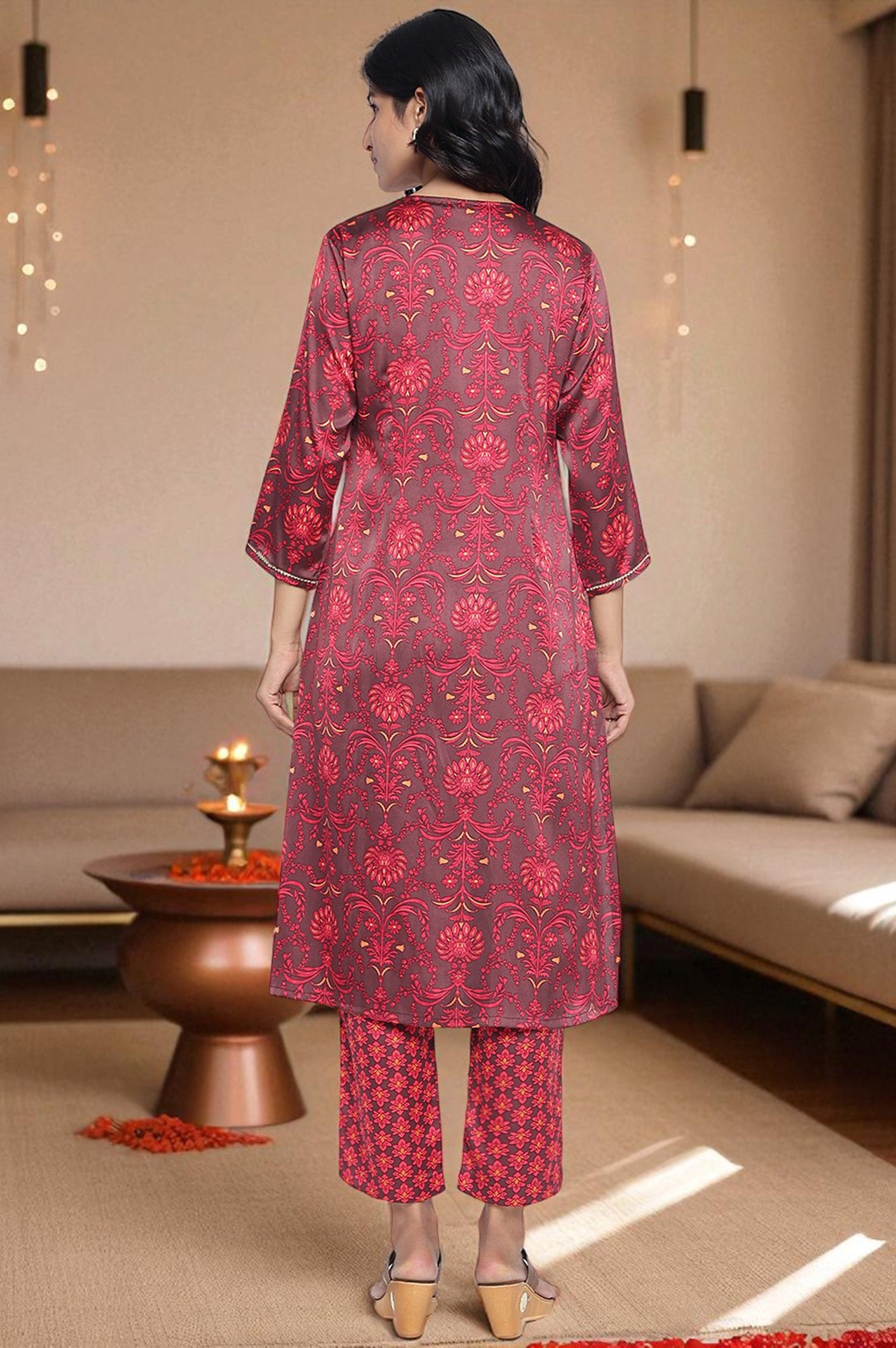 Chocolate Brown Printed Japanese Satin A-line Kurta