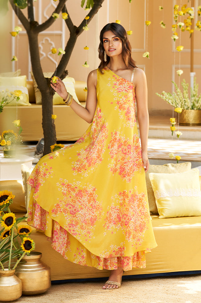 Buy Yellow Ethnic Motifs Zari Fit and Flare Tissue Dress Online for Woman | WforWoman Buy Yellow Ethnic Motifs Zari Fit and Flare Tissue Dress Online for Woman | WforWoman