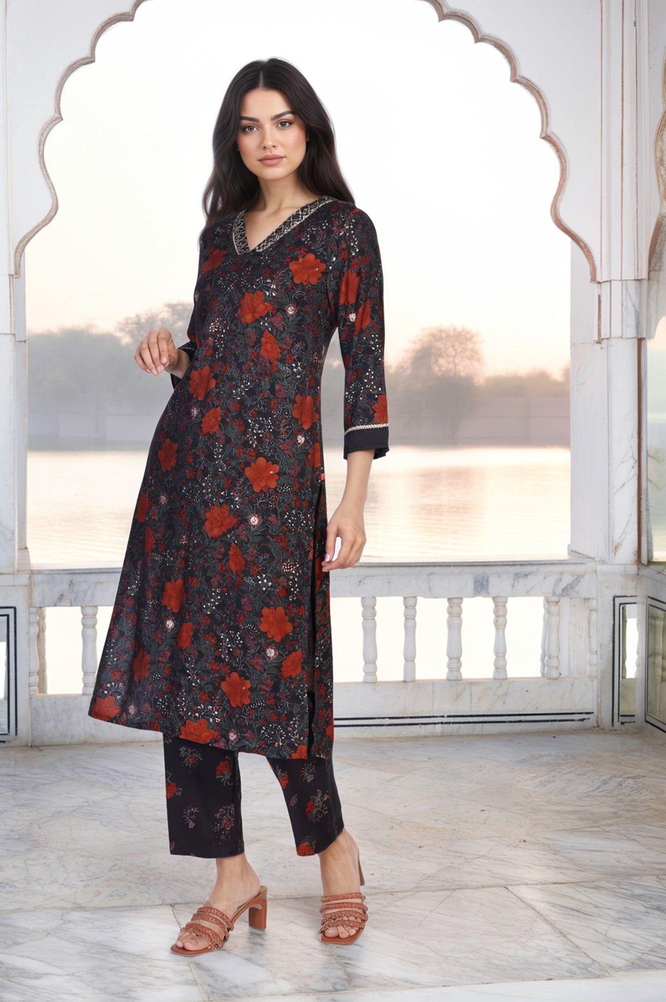 Black Floral Embroidered Straight Crape Kurta