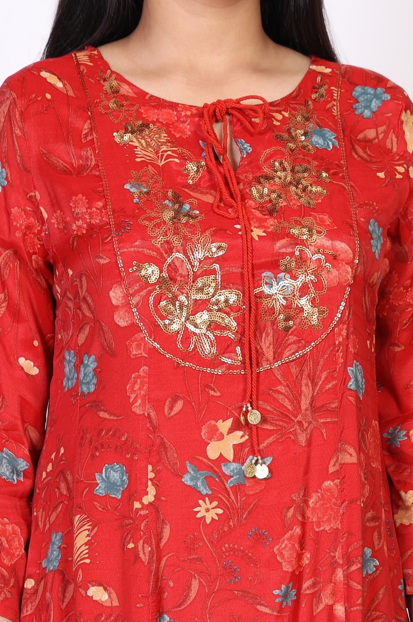 Red Floral Print Embroidered Sequined A-Line Shantung Kurta