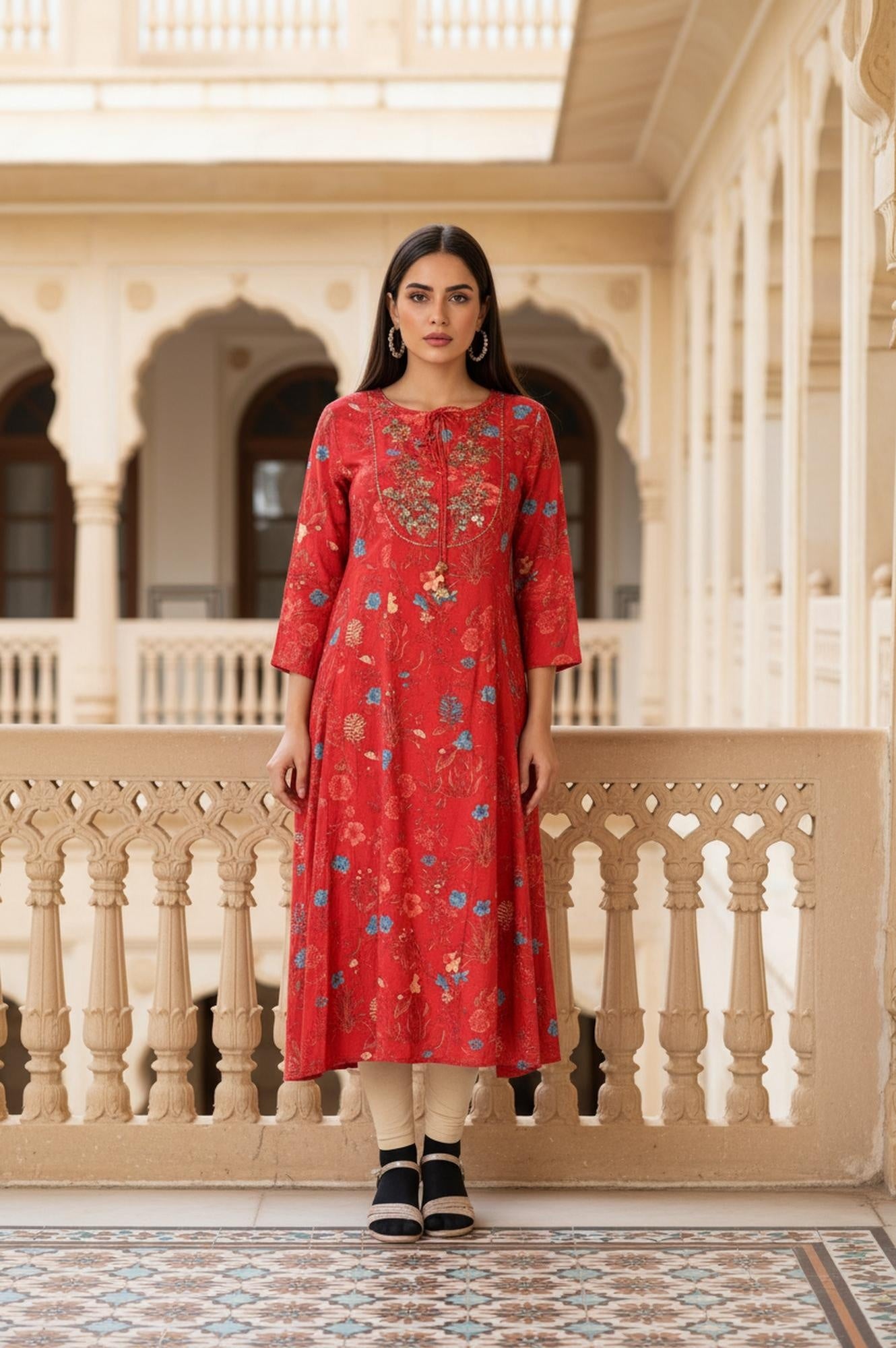 Red Floral Print Embroidered Sequined A-Line Shantung Kurta