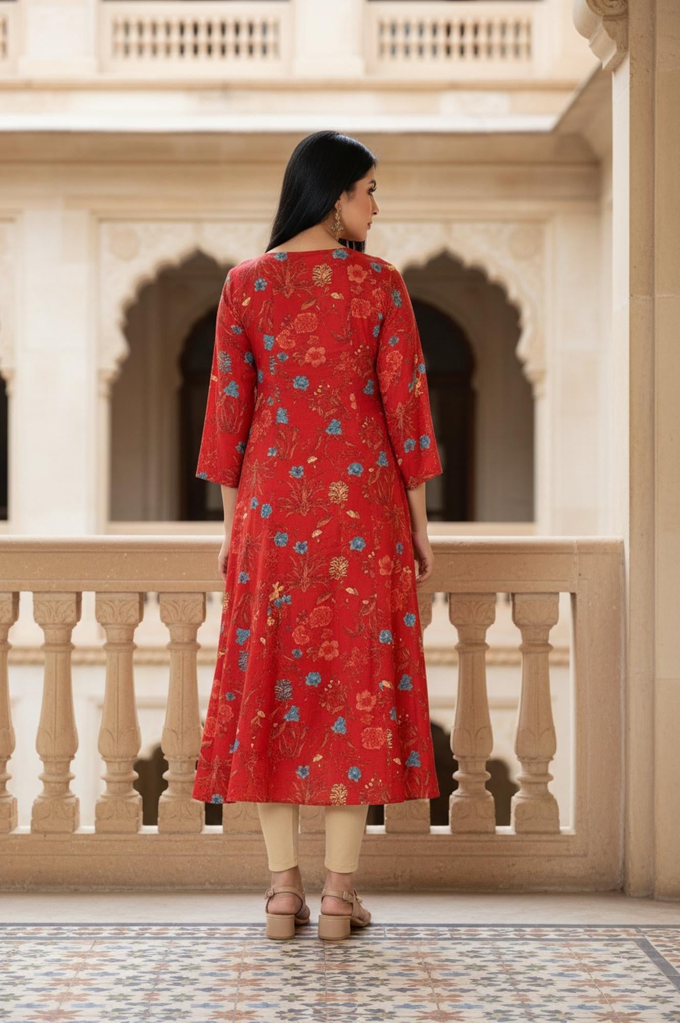Red Floral Print Embroidered Sequined A-Line Shantung Kurta